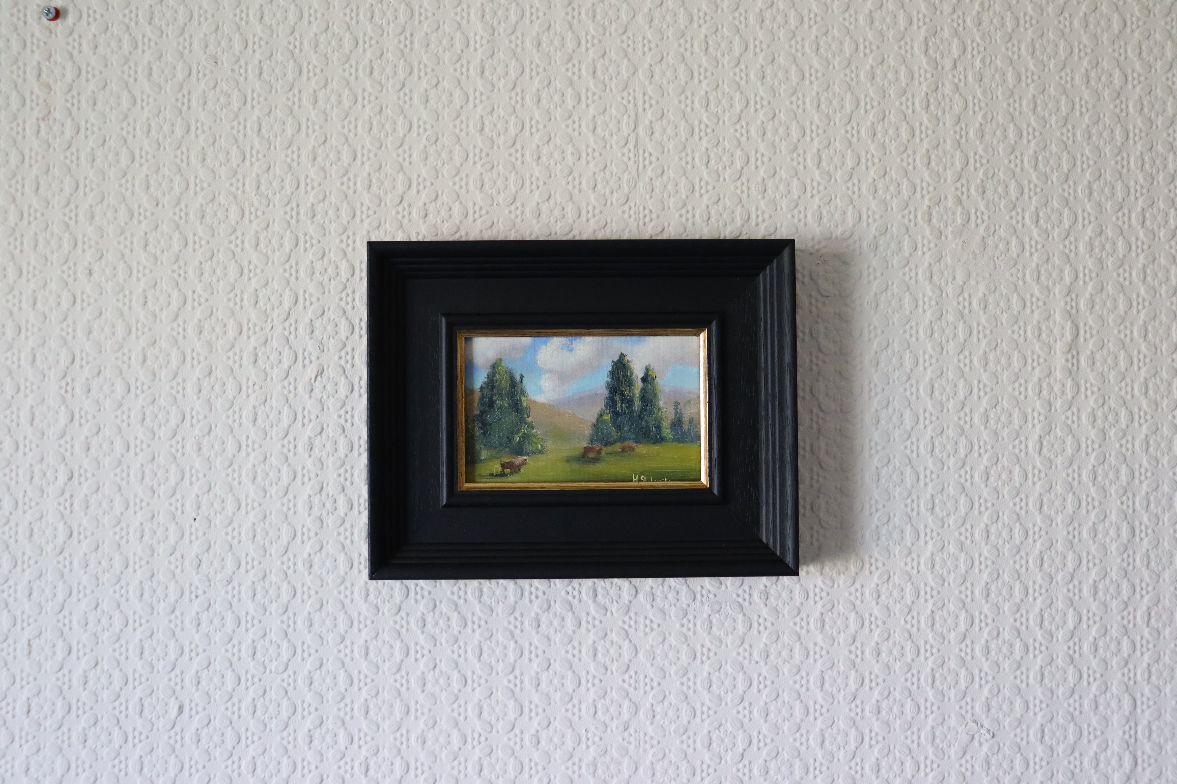 Framed Original oil painting of cattle or sheep grazing with a view over open landscape, Suffolk countryside
