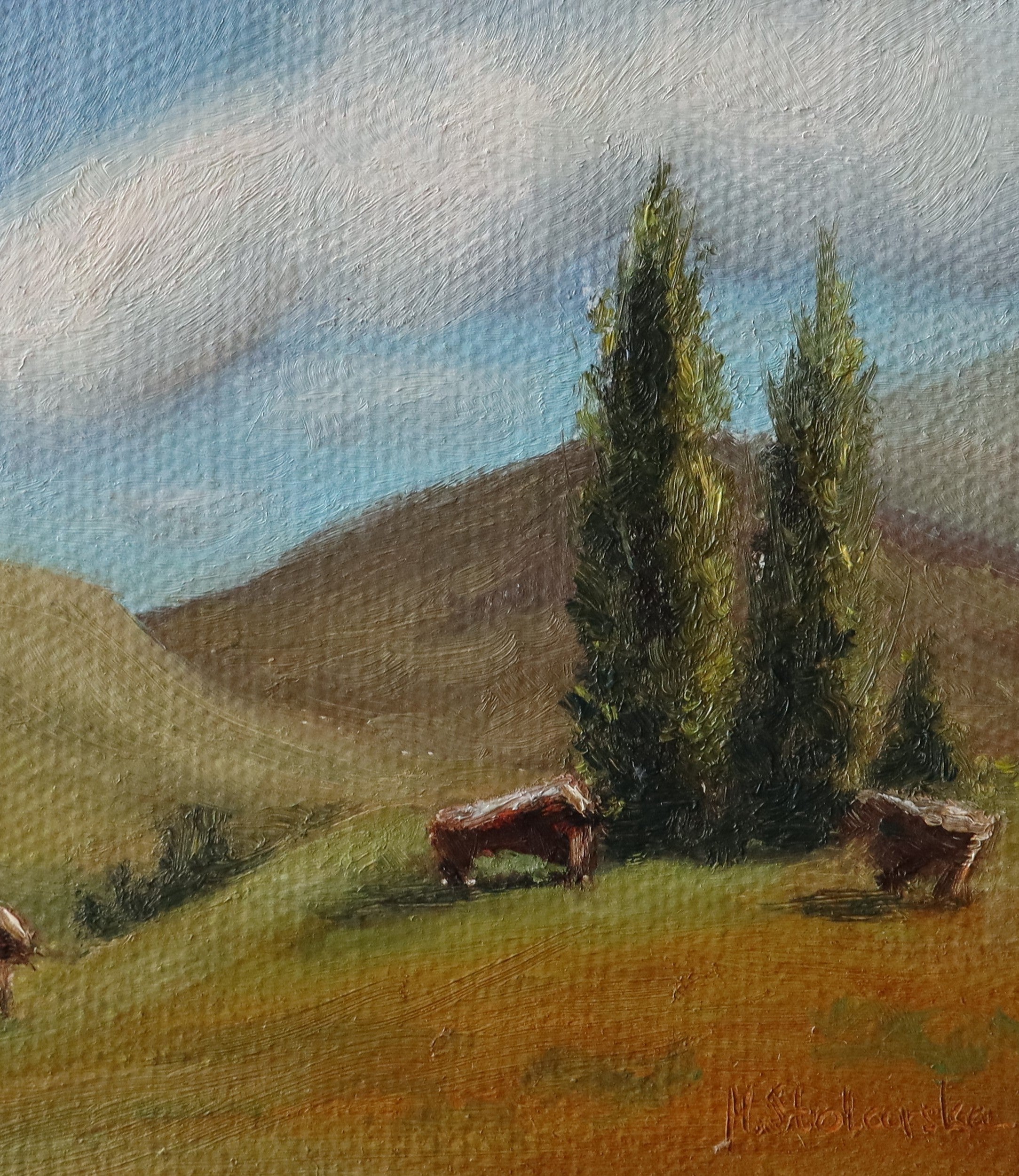 Painting of two cows in a field with trees and hills in the background Original oil painting of cattle or sheep grazing with a view over open landscape, Suffolk countryside