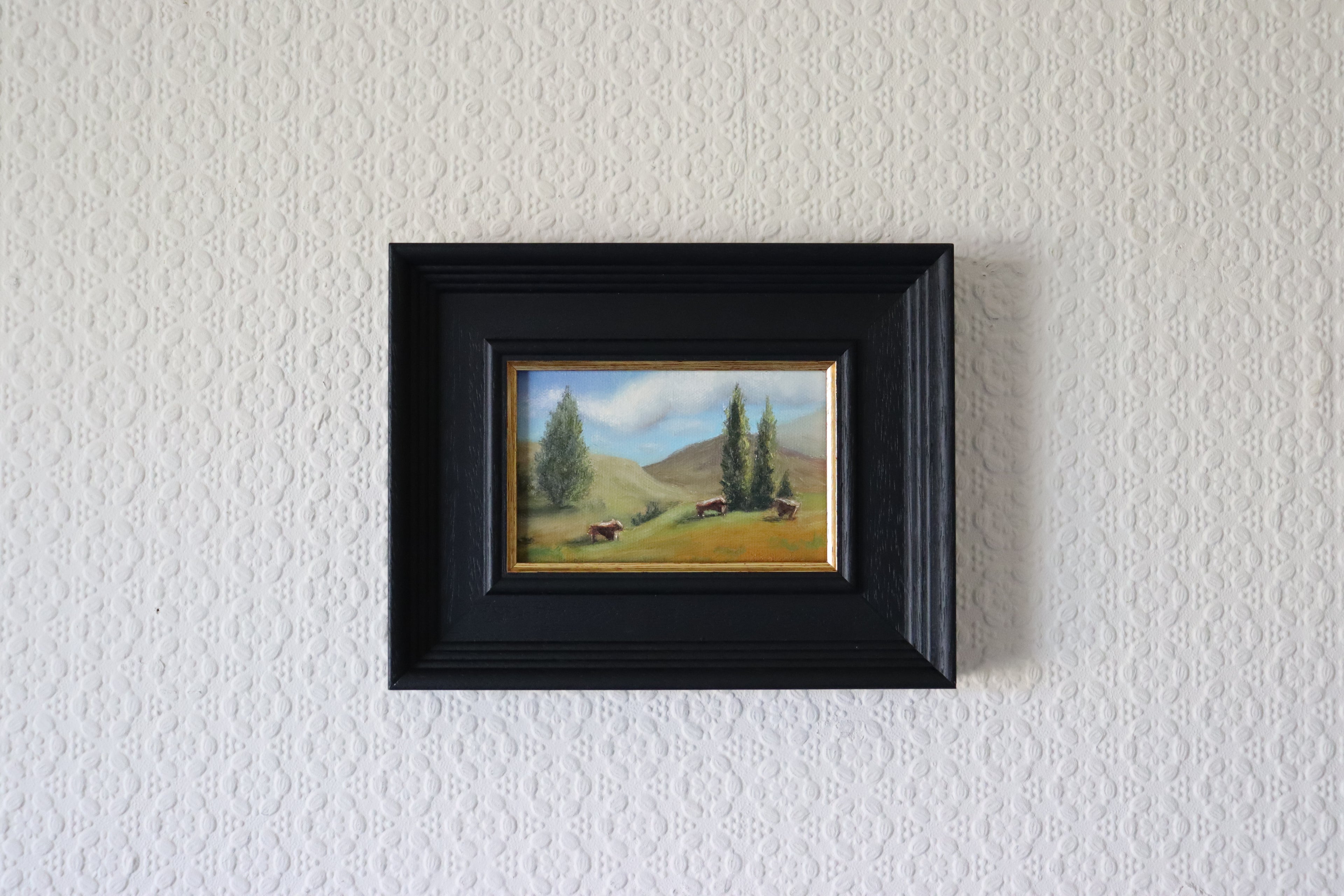 Original oil painting of cattle or sheep grazing with a view over open landscape, Suffolk countryside