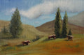 Painting of cows in a pastoral landscape with trees and hills.Original oil painting of cattle or sheep grazing with a view over open landscape, Suffolk countryside