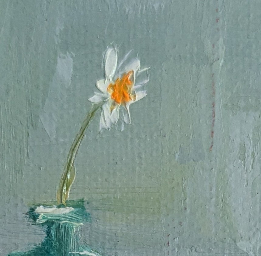 Original oil painting of green glass, light through a green glass vessel in a luminous still life