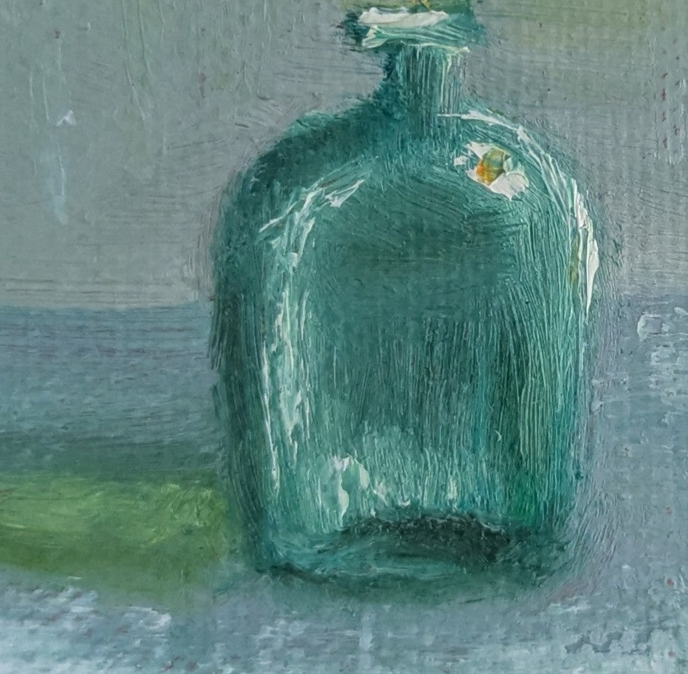 Original oil painting of green glass, light through a green glass vessel in a luminous still life