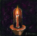 Painting of a lit candle against a dark purple background. Original oil Painting of a lit red candle on a dark green background on a cradled panel. 