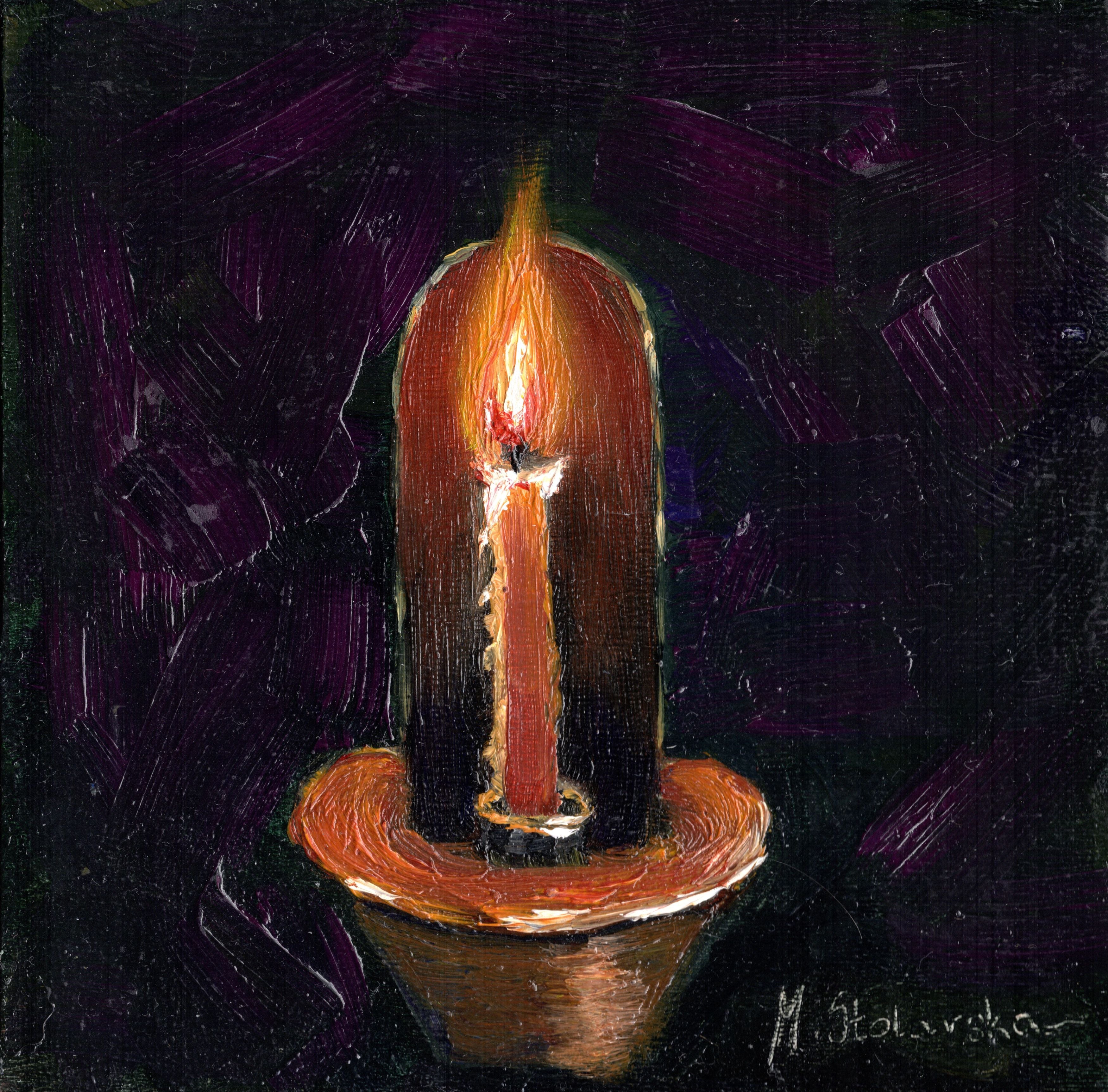 Painting of a lit candle against a dark purple background. Original oil Painting of a lit red candle on a dark green background on a cradled panel. 
