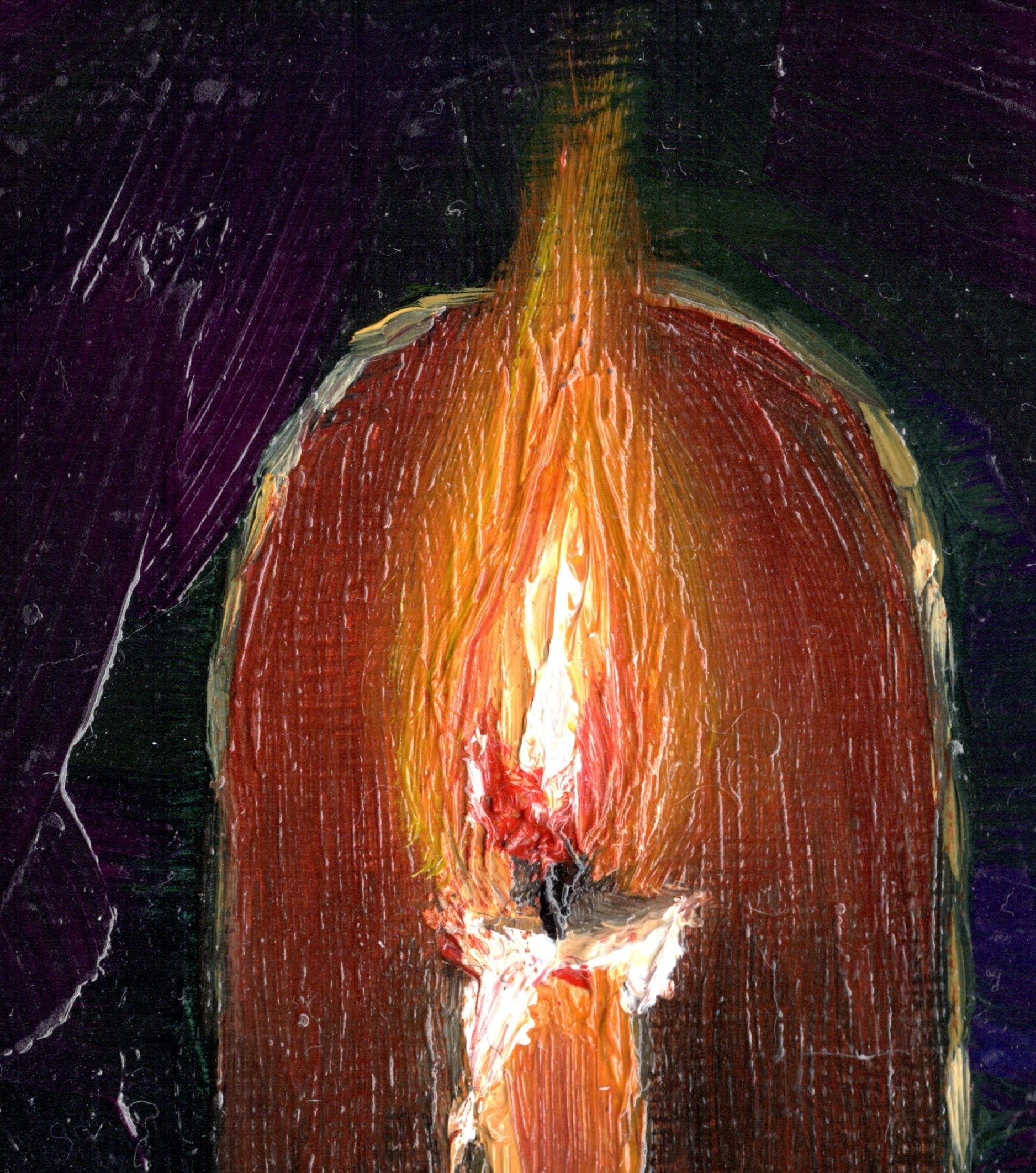 Abstract painting of a flame with warm colors on a dark background