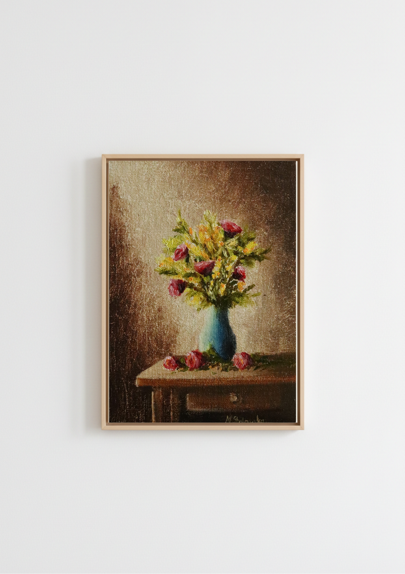 Hot Air and Roses - original oil painting by Marta Stolarska, deep pink roses and yellow-green foliage in a cobalt blue vase on a wooden side table, warm golden background, painted on handmade linen board, 10 x 15 cm