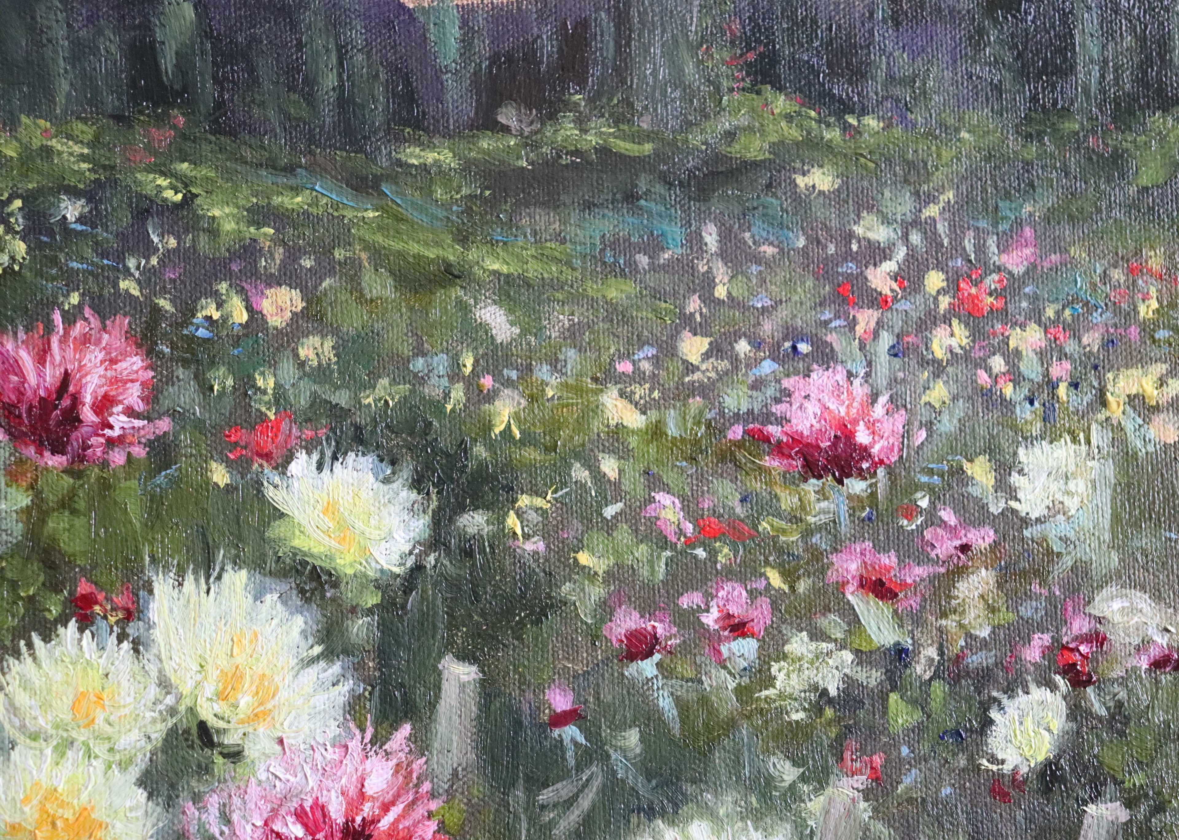 An original oil painting depicting a field of multicoloured dahlia flowers
