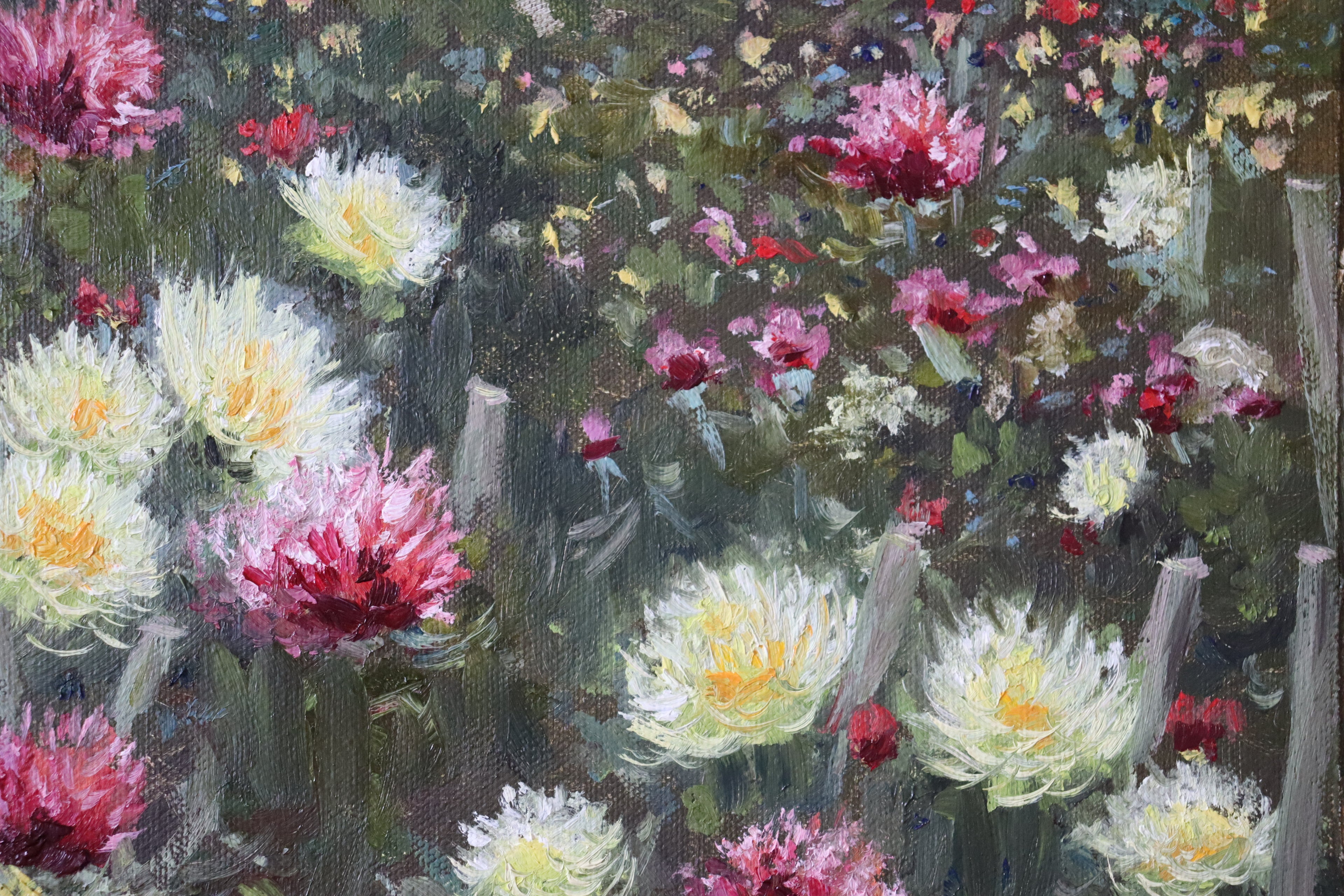 Oil painting of flowers with a focus on pink and white blossoms.