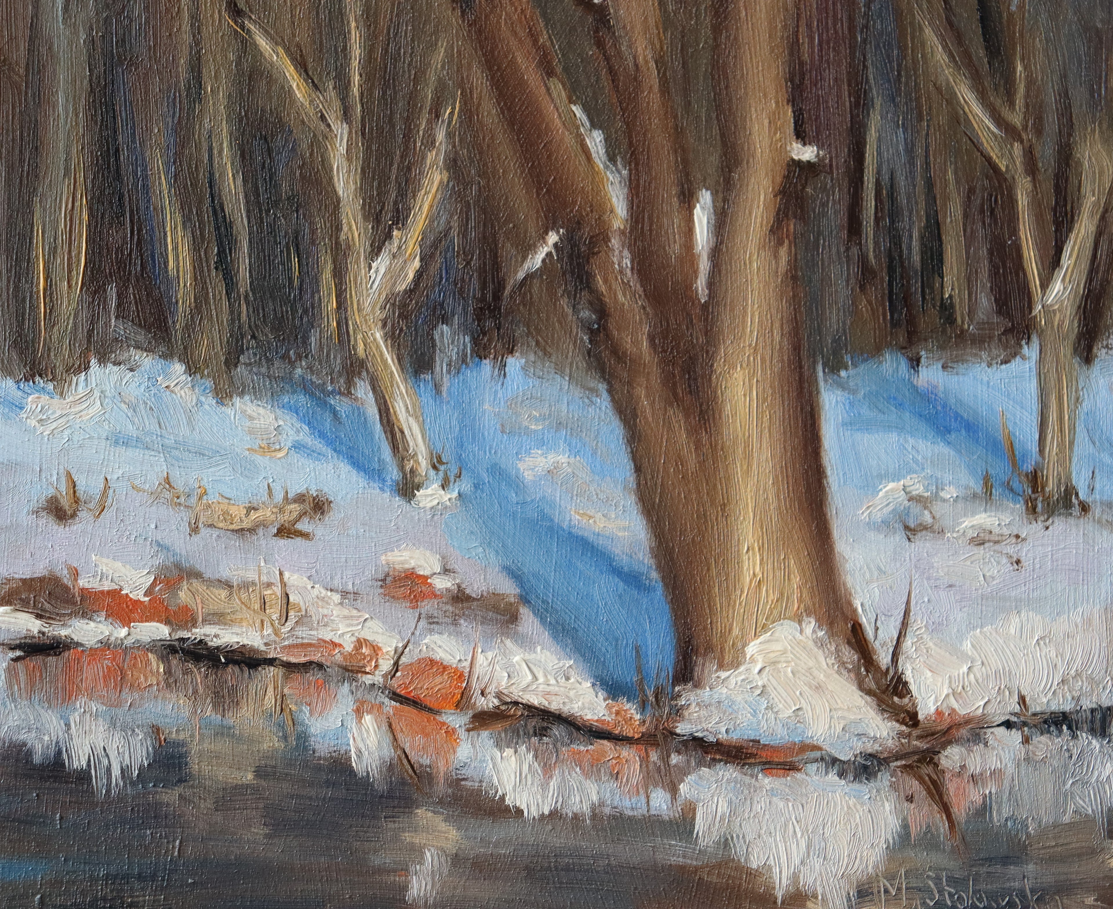 close up of a winter study made with oils on a board.
