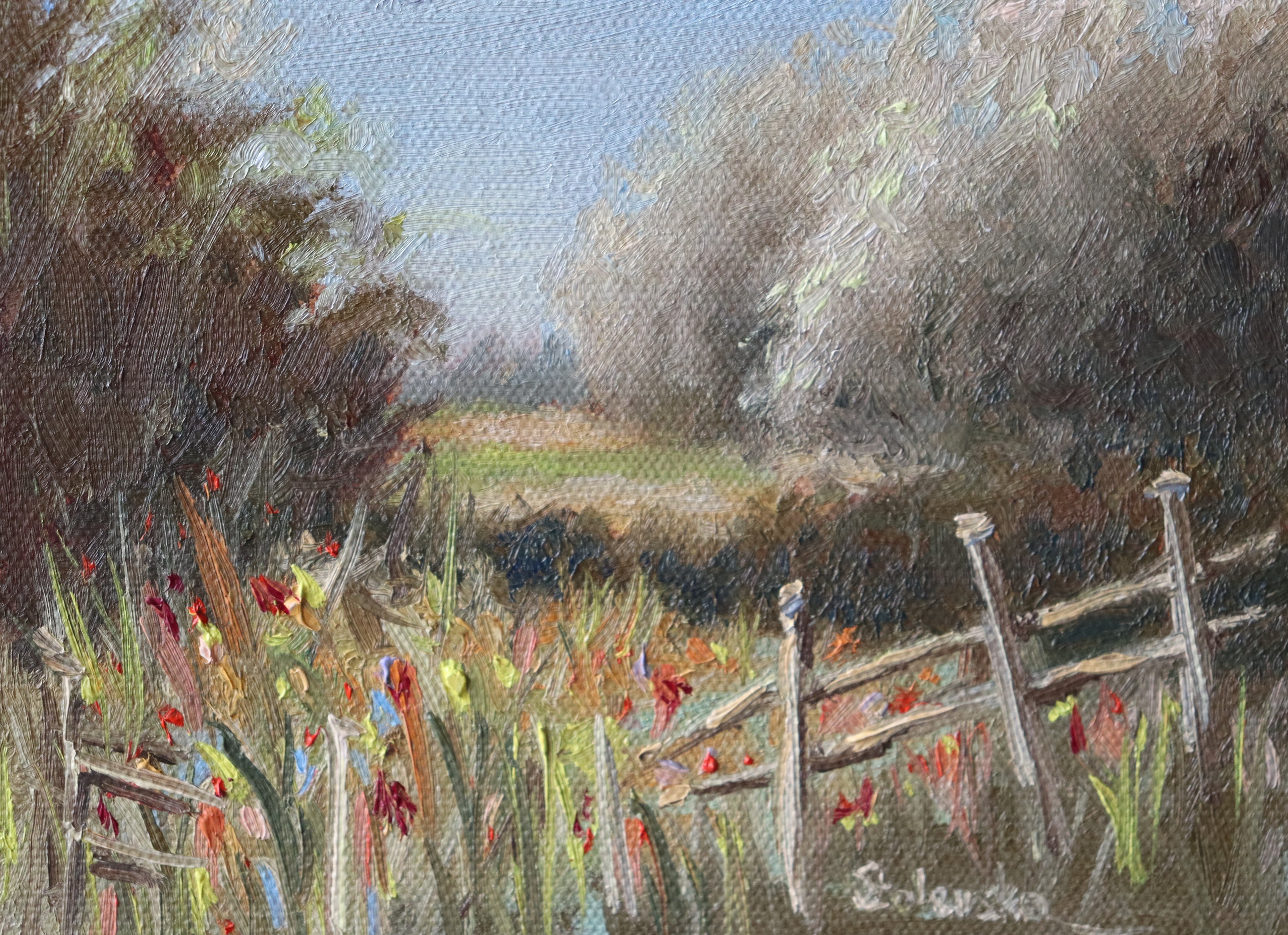 Painting of a pastoral scene with a fence, grass, and flowers. Original oil painting of a path towards the meadows at Carlton Marshes Suffolk, dilapidated fence and open fields