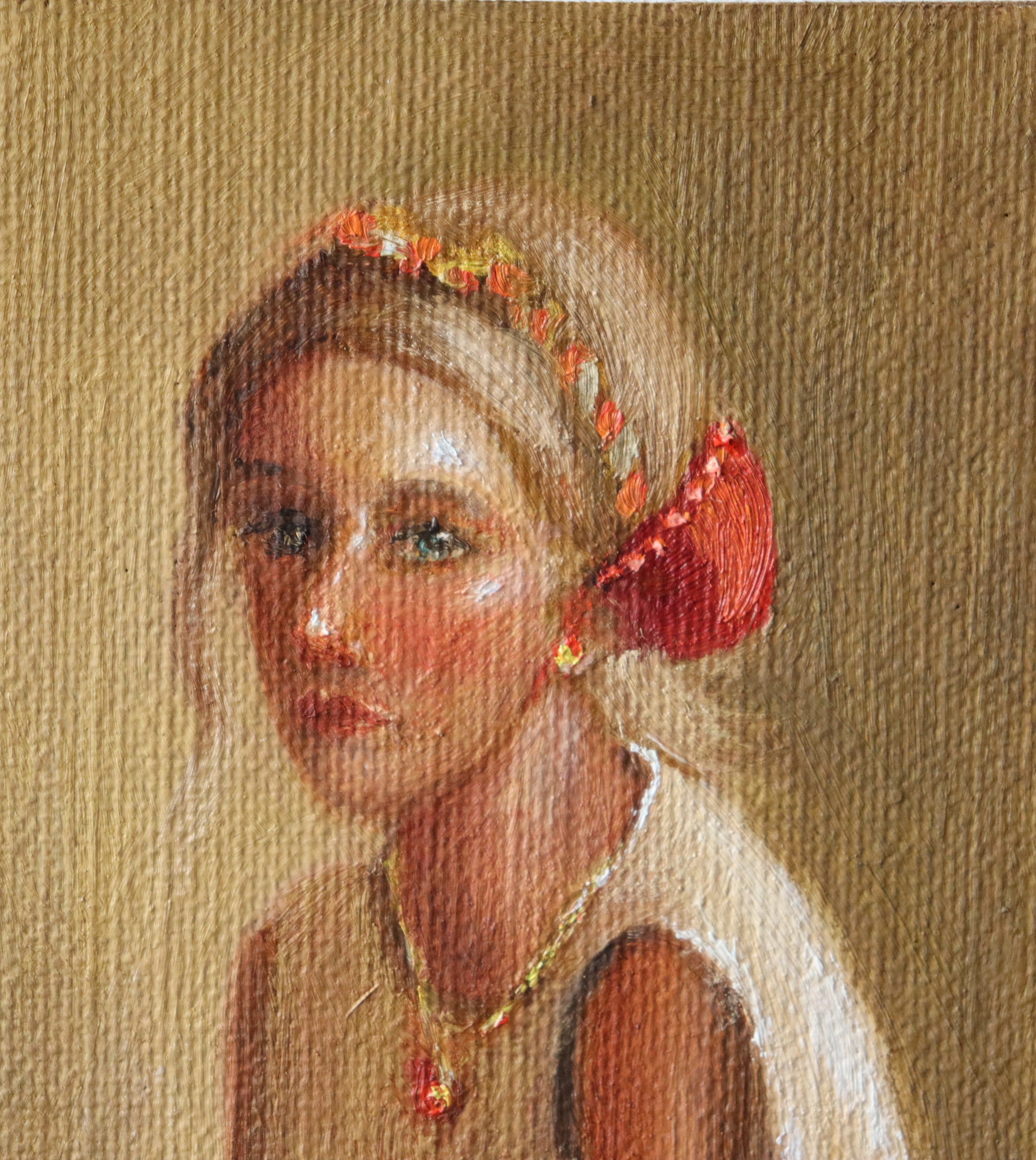 Small original oil painting of a woman with a headband and necklace on a textured beige background