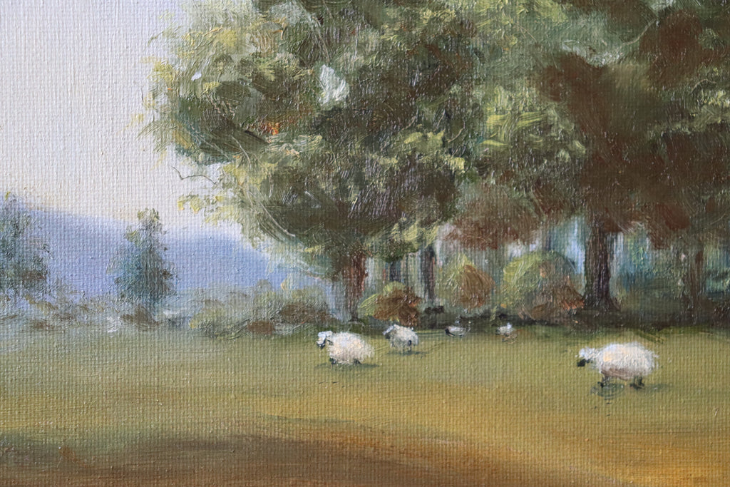 Painting by a local artist. Original oil painting of tall trees and sheep in Suffolk landscape, painted on a dog walk, golden frame