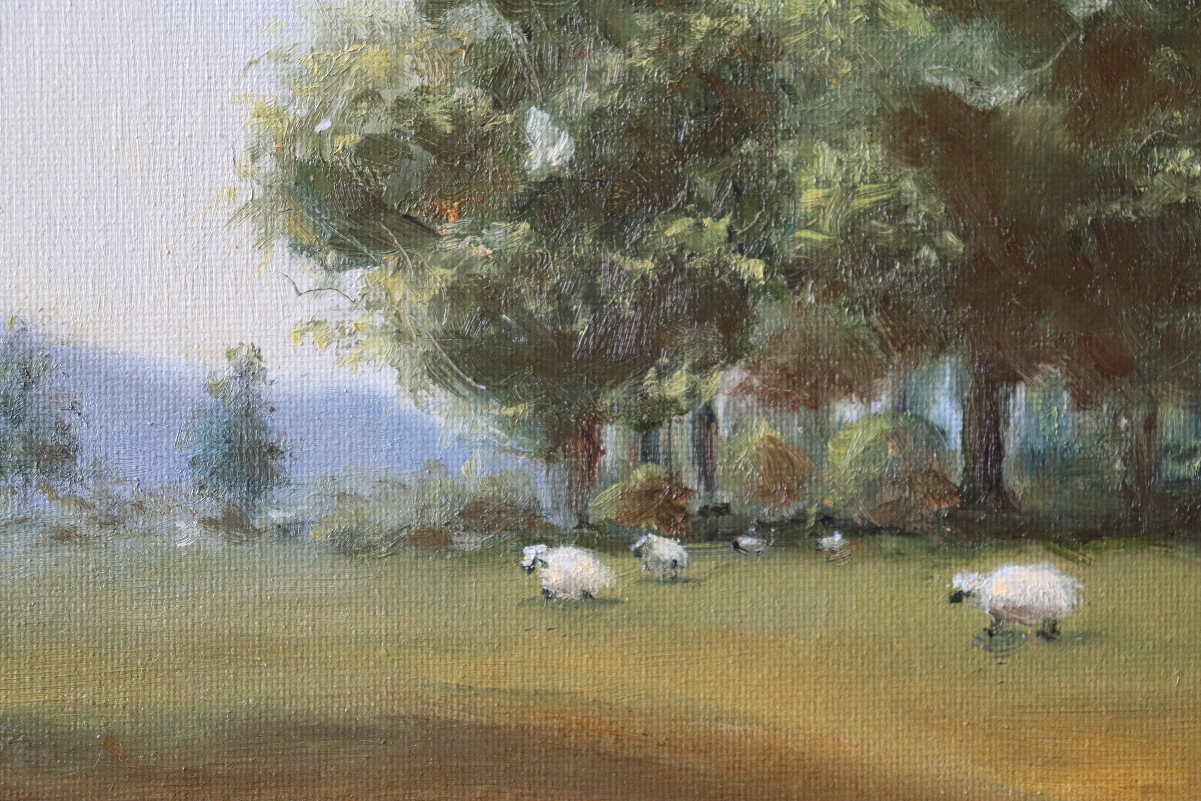 Painting by a local artist. Original oil painting of tall trees and sheep in Suffolk landscape, painted on a dog walk, golden frame
