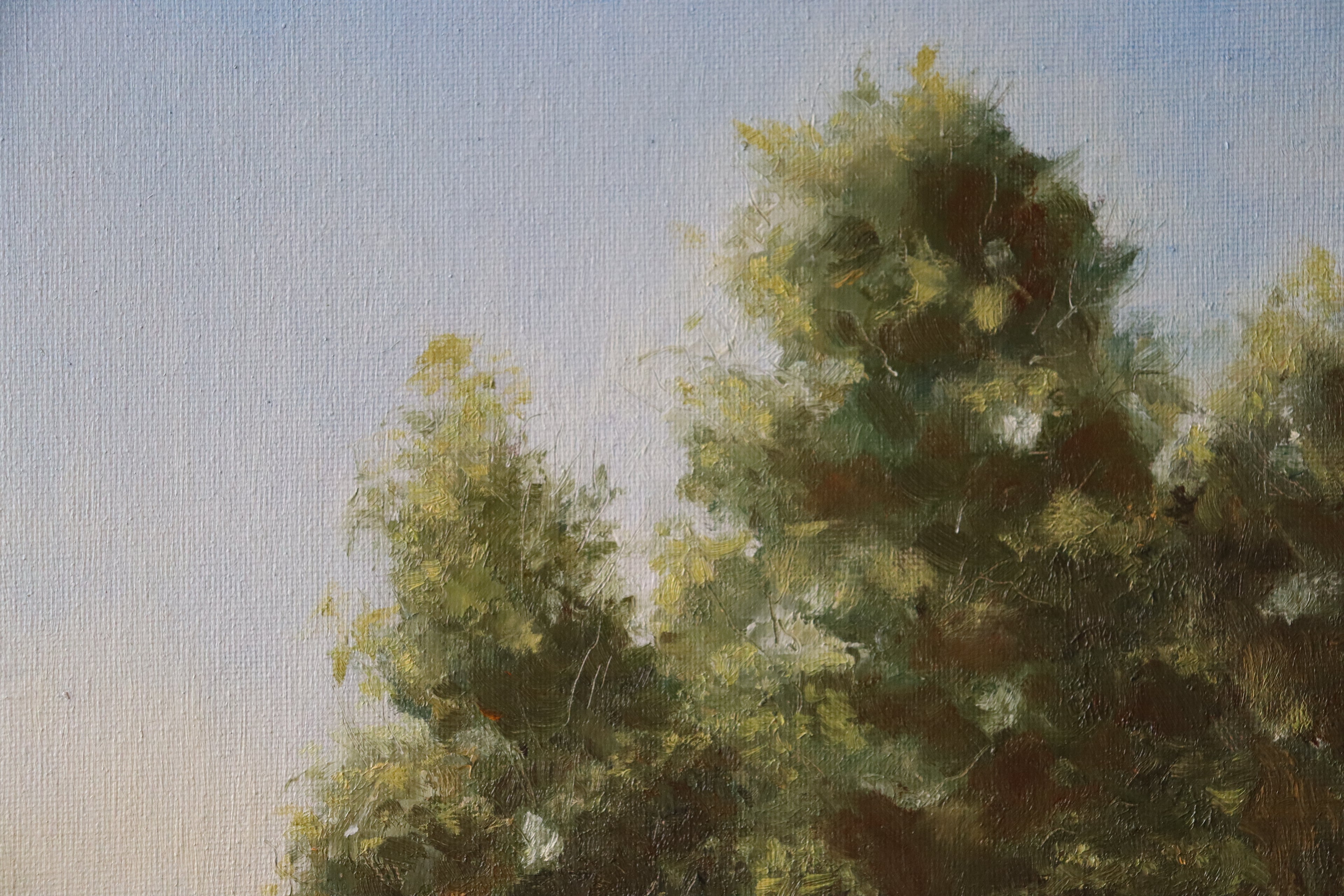 Painting by a local artist. Original oil painting of tall trees and sheep in Suffolk landscape, painted on a dog walk, golden frame