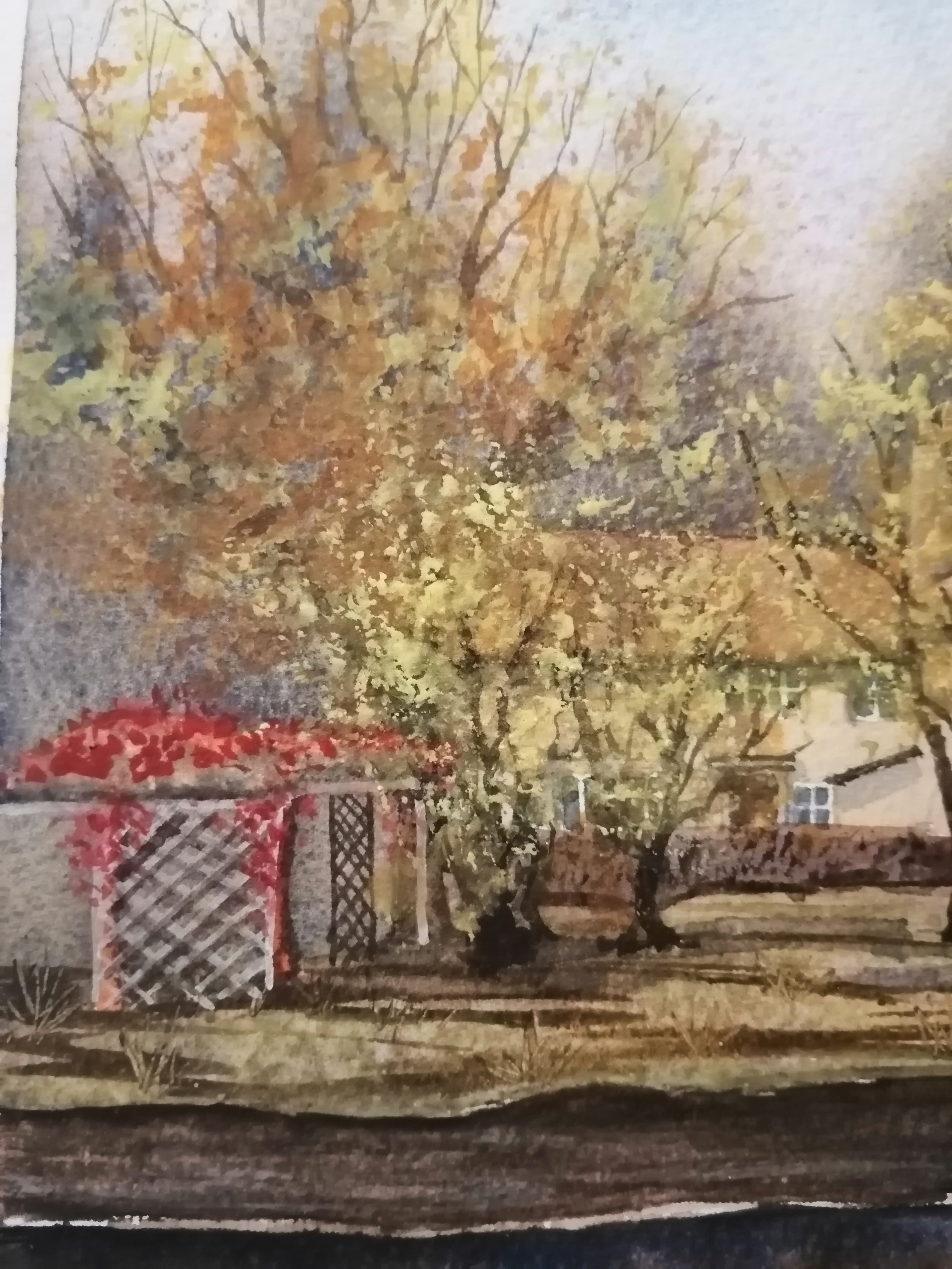 Artistic depiction of a garden scene with trees and a shed. Original painting of Pulls Ferry Norwich, historic watergate on the River Wensum
