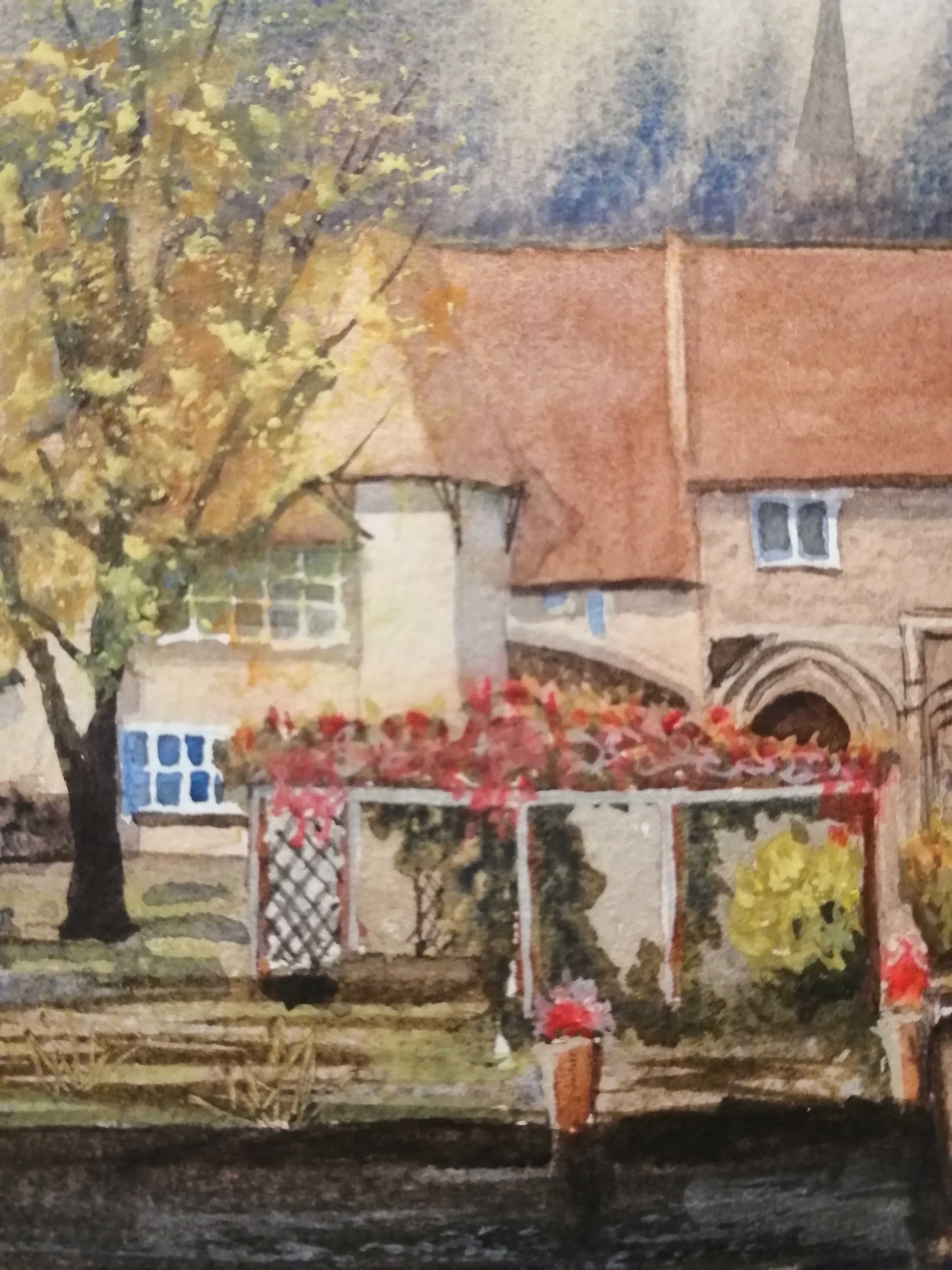 Watercolor painting of a quaint house with a tree and flowers in the Original painting of Pulls Ferry Norwich, historic watergate on the River Wensumforeground