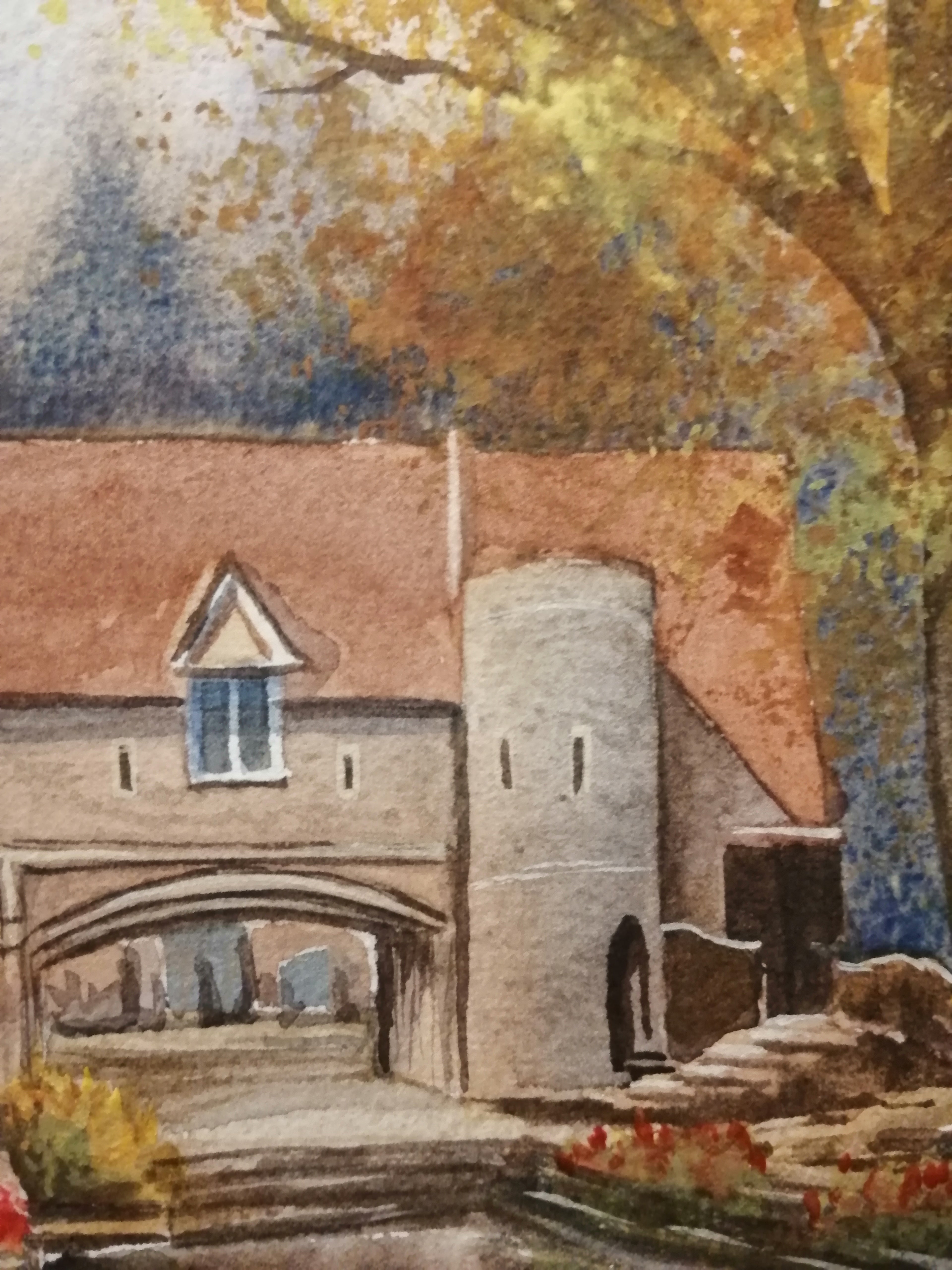 Watercolor painting of a bridge with a tower and trees in the background. Original painting of Pulls Ferry Norwich, historic watergate on the River Wensum