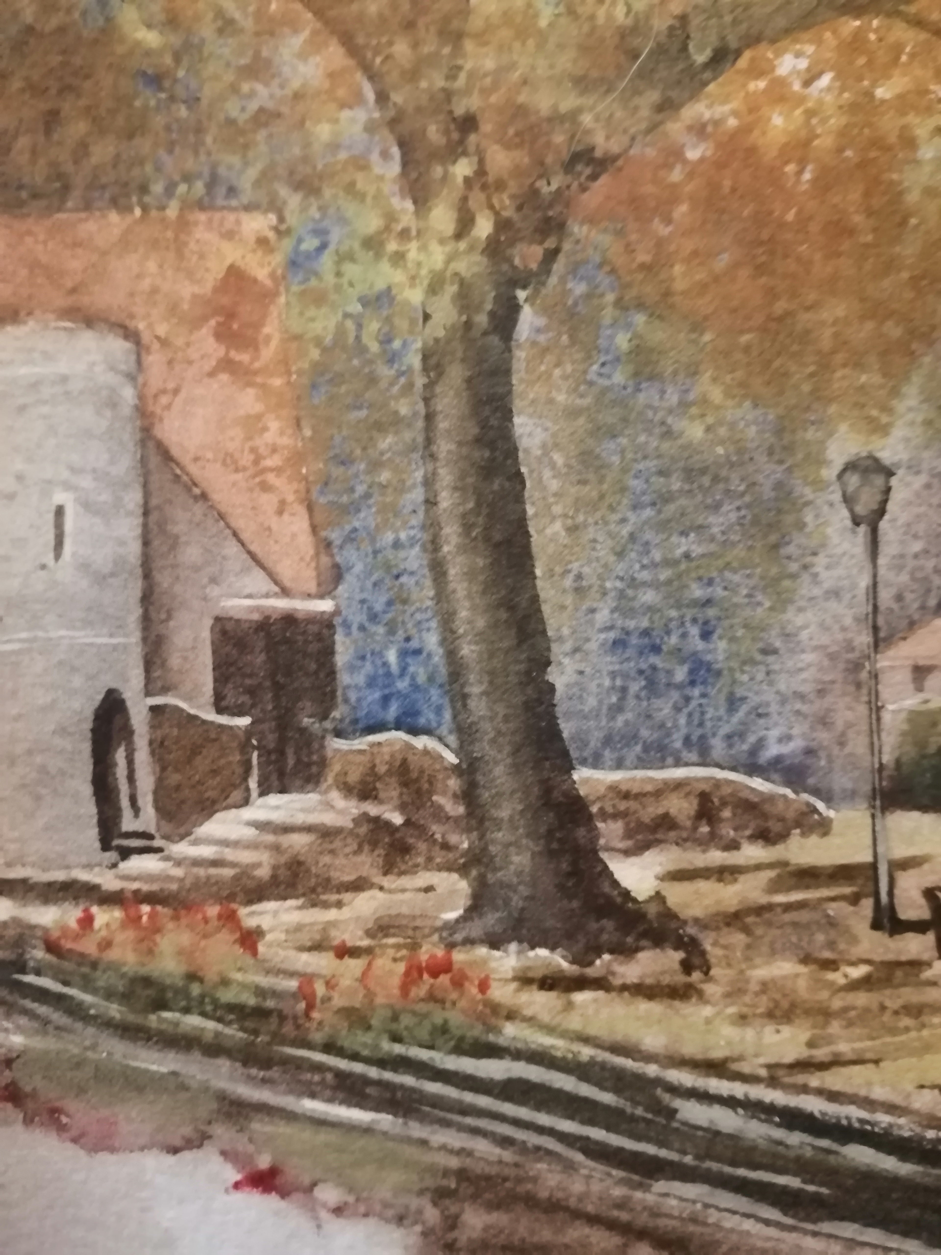 Artistic depiction of a street scene with trees, buildings, and a lamp post.