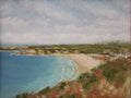 The Cove - original oil painting of a sheltered coastal bay with turquoise water and golden sand, painted in warm late spring light. Oil on canvas board, 8 x 6 inches.