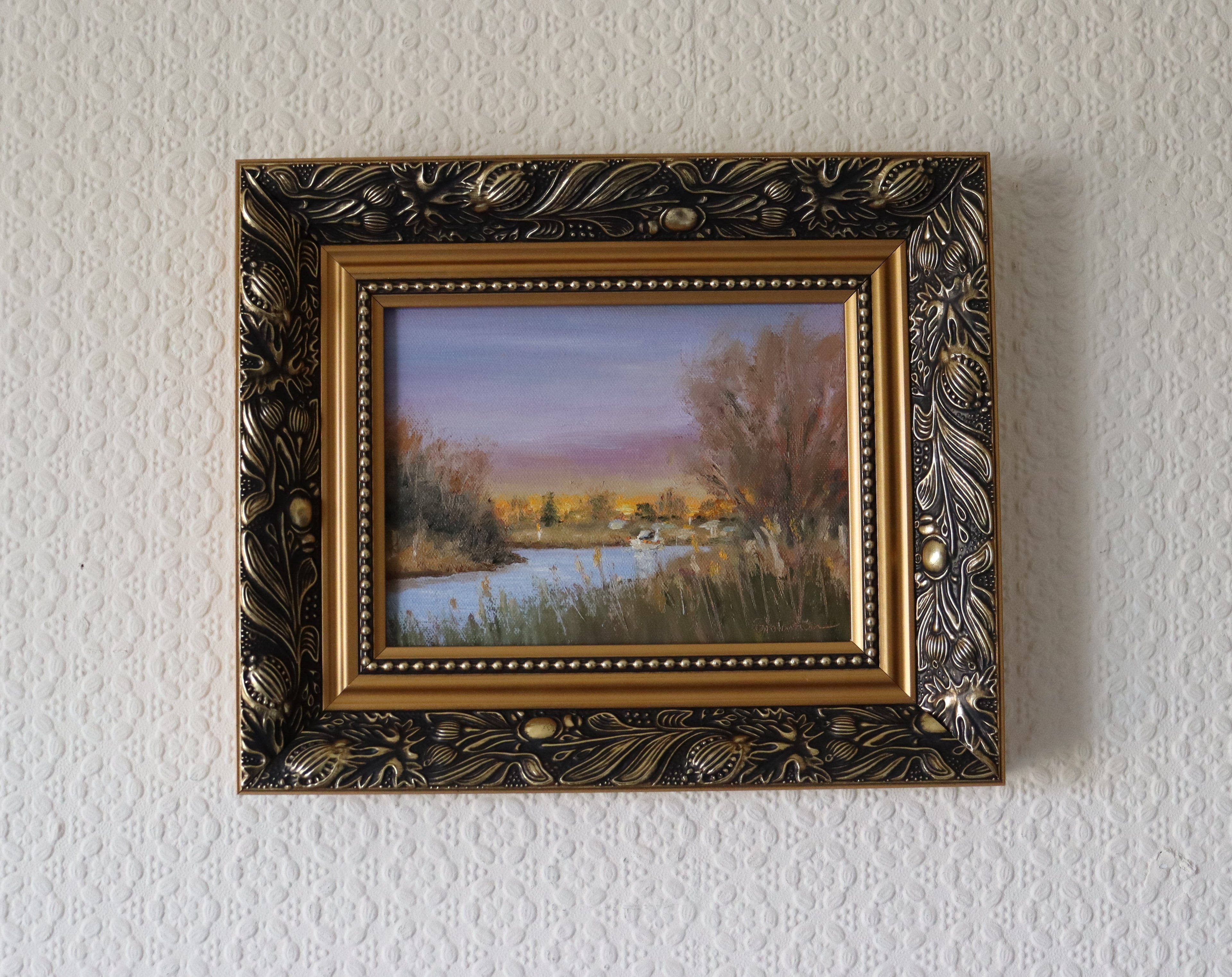 Framed, lifestyle Original oil painting of boaters enjoying sunset at the Suffolk marshes, warm evening light on water by local artist