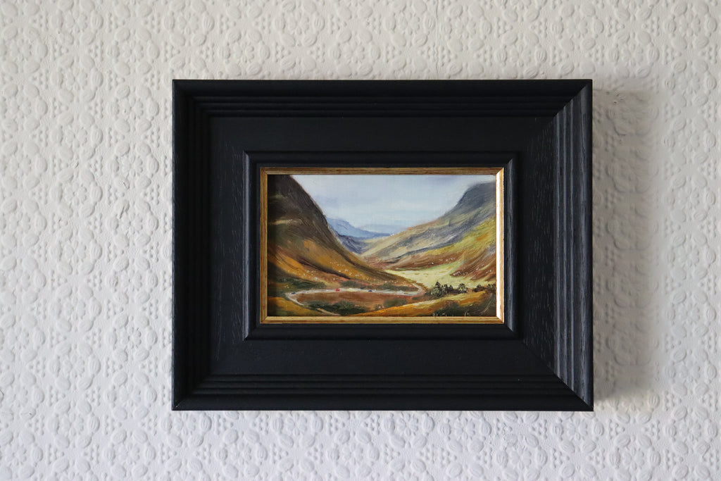 Framed Original oil painting of winding roads in the Scottish Highlands near Loch Ard in autumn, amber hill vegetation