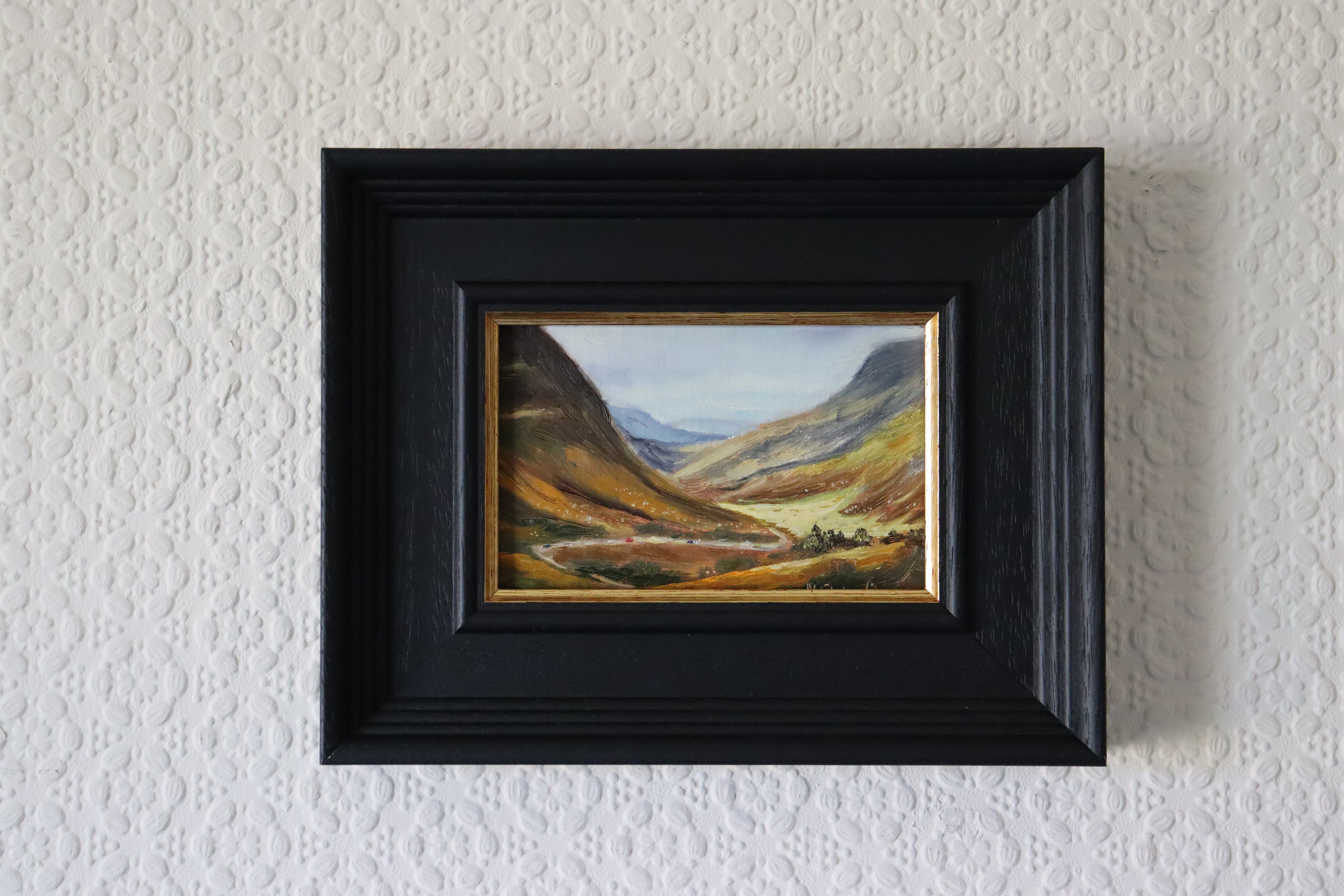 Framed Original oil painting of winding roads in the Scottish Highlands near Loch Ard in autumn, amber hill vegetation