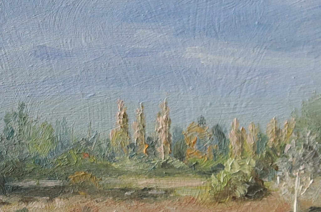 Painting of a landscape with trees and a blue sky. Scenic landscape with trees and a blue sky. Original oil painting of a path towards the meadows at Carlton Marshes Suffolk, and open fields