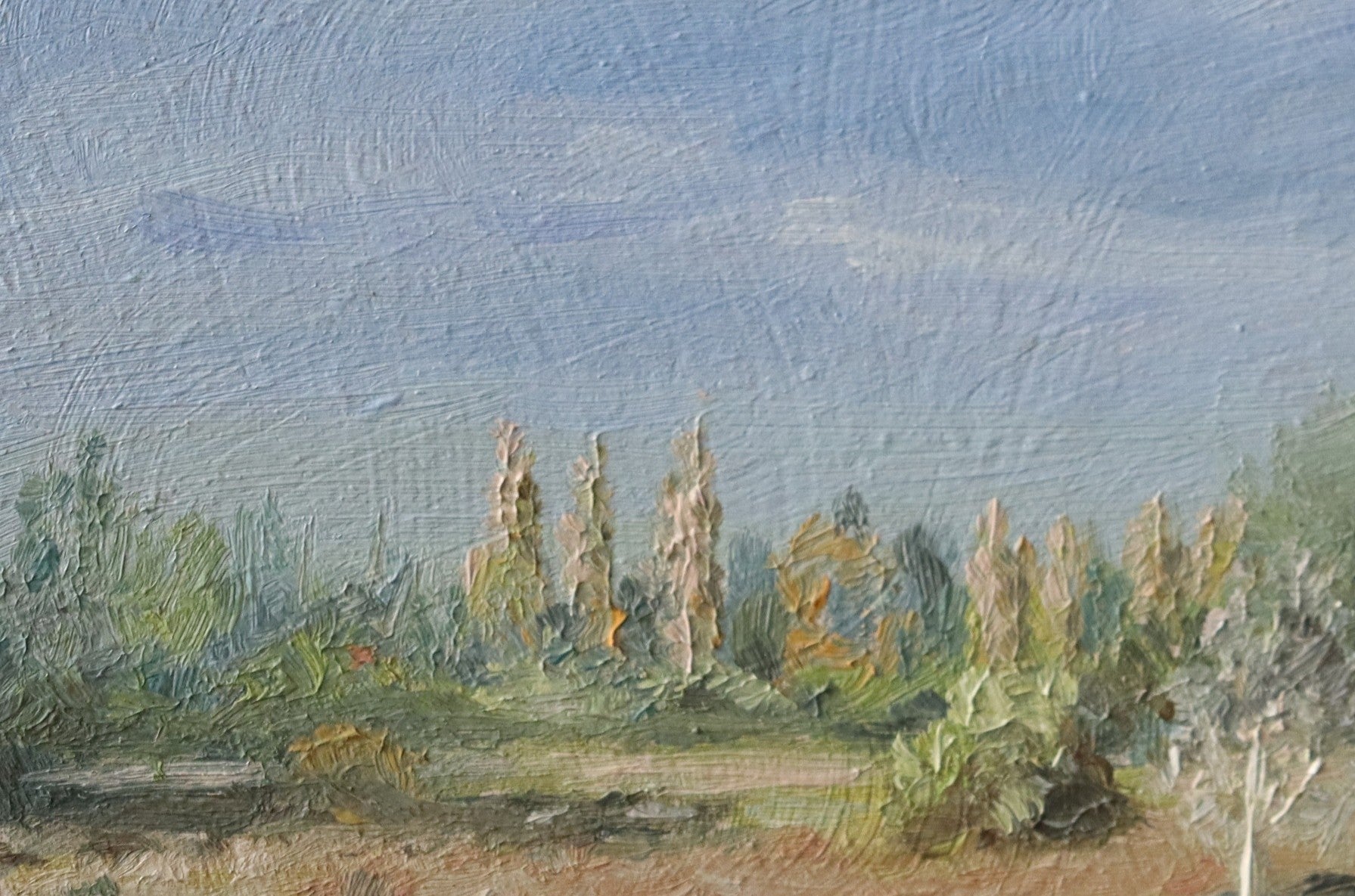 Painting of a landscape with trees and a blue sky. Scenic landscape with trees and a blue sky. Original oil painting of a path towards the meadows at Carlton Marshes Suffolk, and open fields