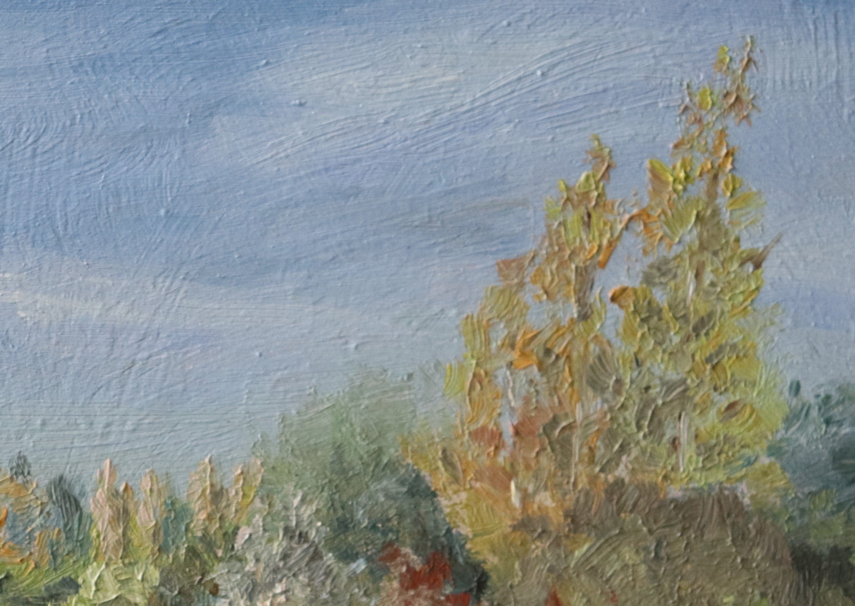 Painting of trees with a textured blue sky. Scenic landscape with trees and a blue sky. Original oil painting of a path towards the meadows at Carlton Marshes Suffolk, and open fields