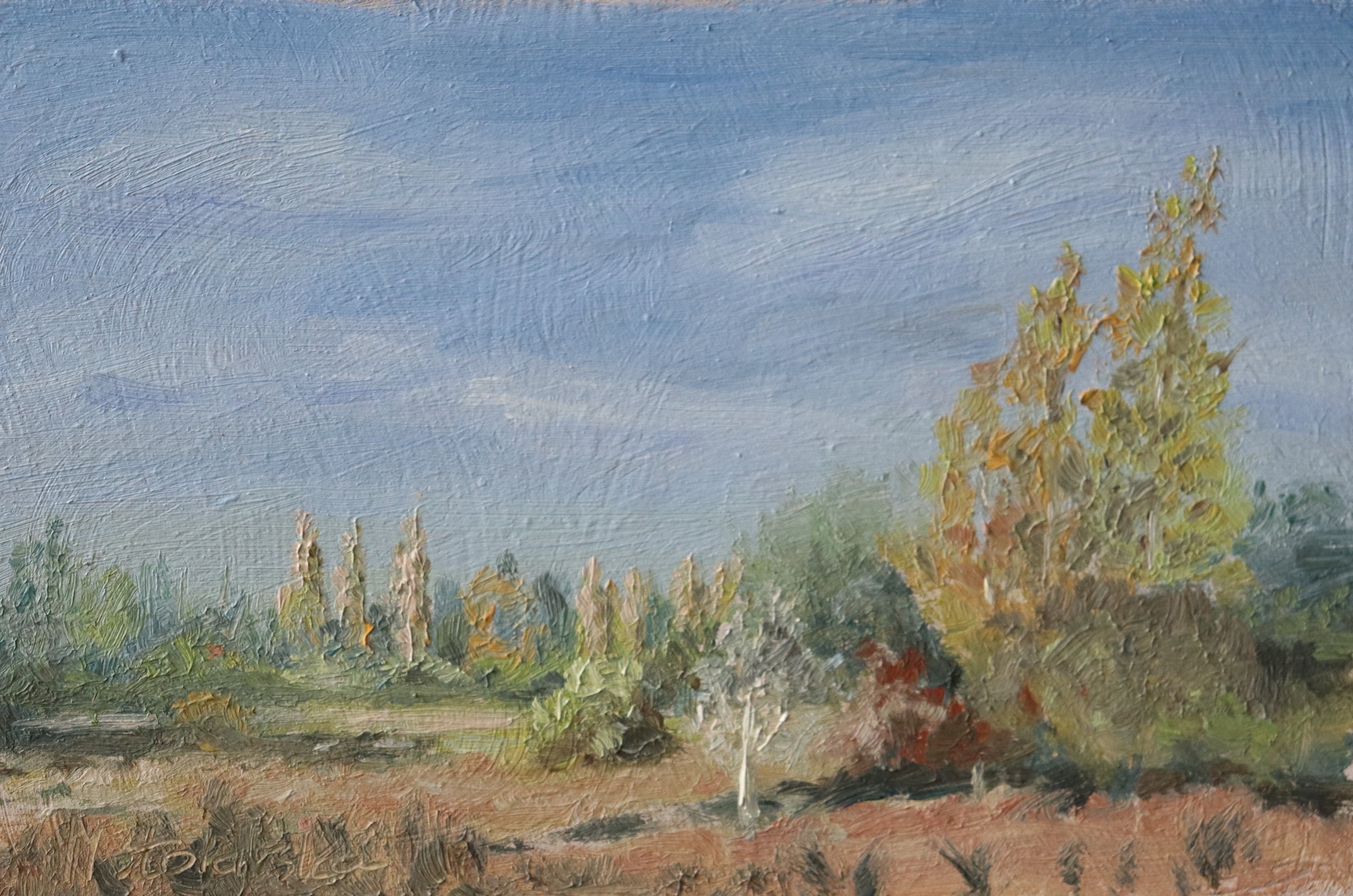 Scenic landscape with trees and a blue sky. Original oil painting of a path towards the meadows at Carlton Marshes Suffolk, and open fields