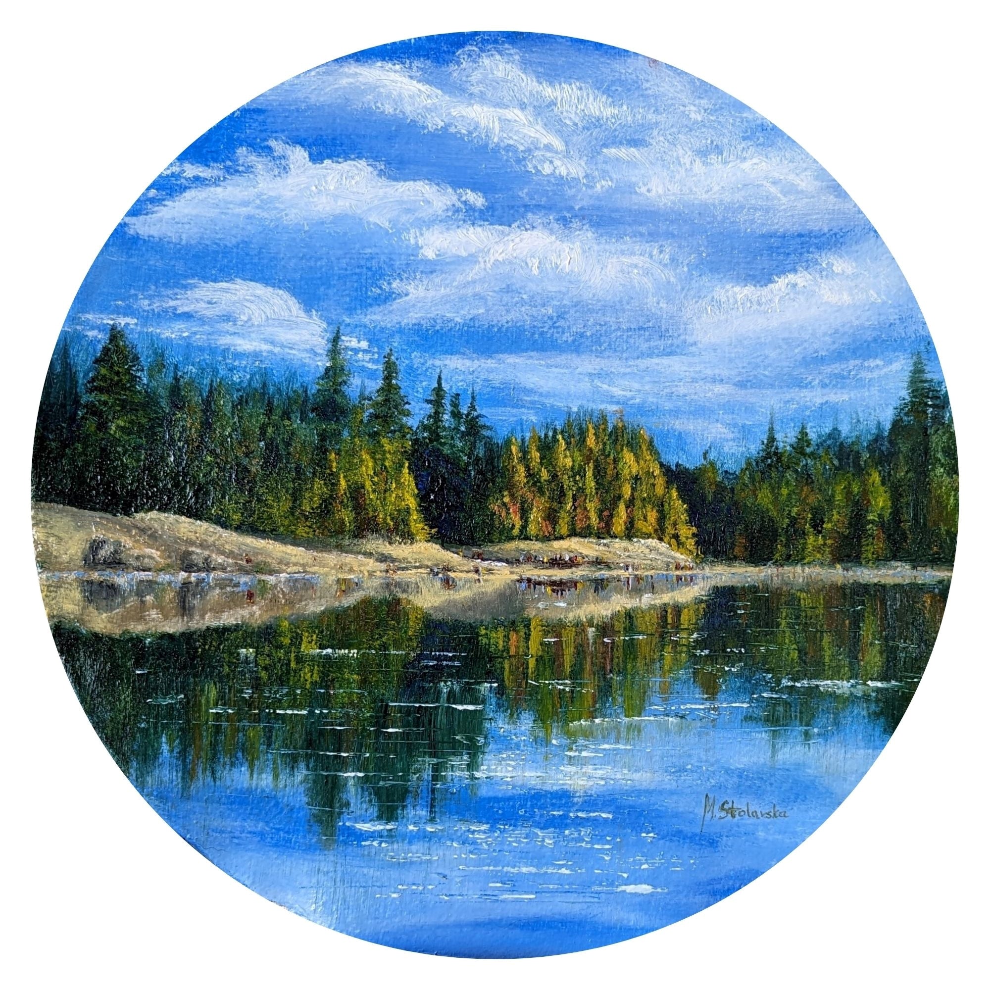 Circular painting of a serene lake surrounded by trees with a blue sky. Original round oil painting of an imagined island landscape inspired by the Lake District, 30cm diameter