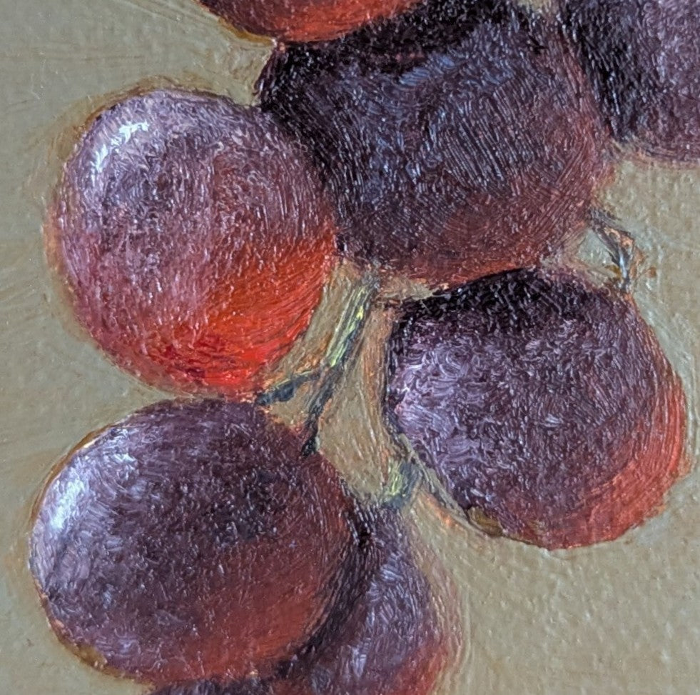 Original oil painting of juicy grapes, lush fruit still life with rich purple tones by Marta Stolarska
