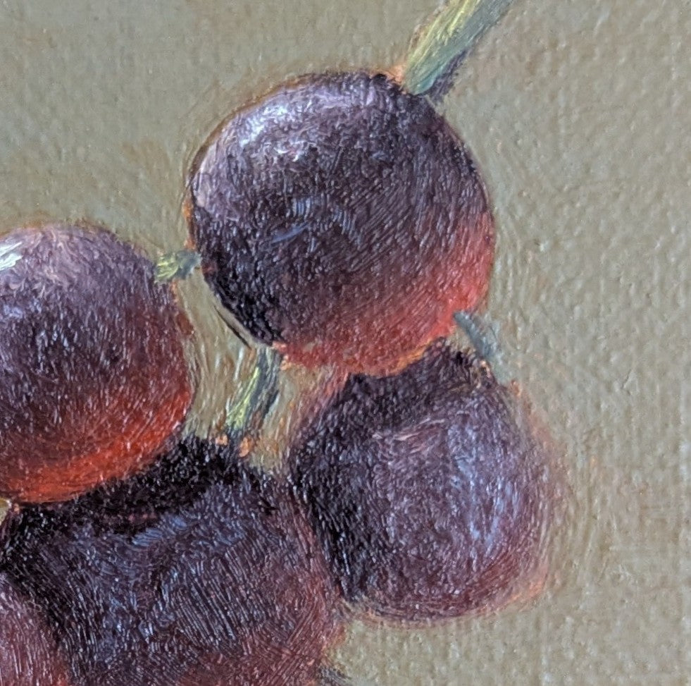 Original oil painting of juicy grapes, lush fruit still life with rich purple tones by Marta Stolarska