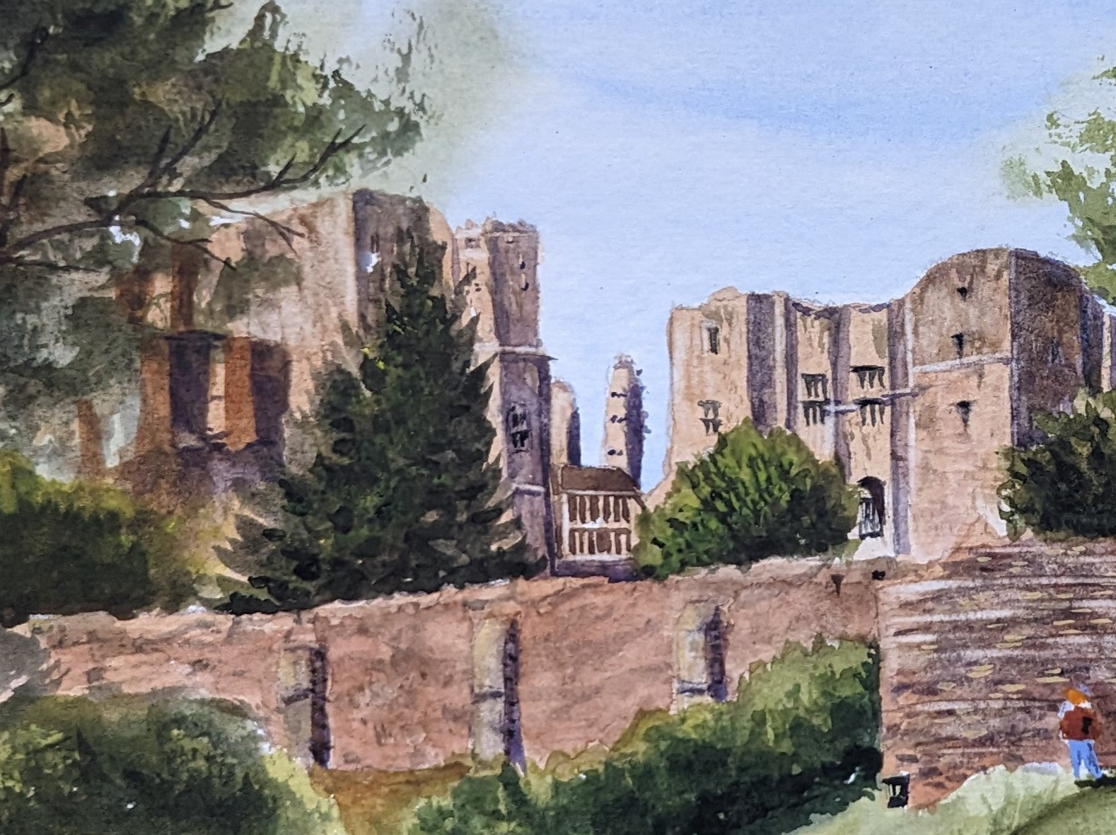 Close-up detail of Kenilworth Castle fine art print - castle ruins and entrance path, watercolour-based limited edition by Marta Stolarska, archival Claria Photo HD inks