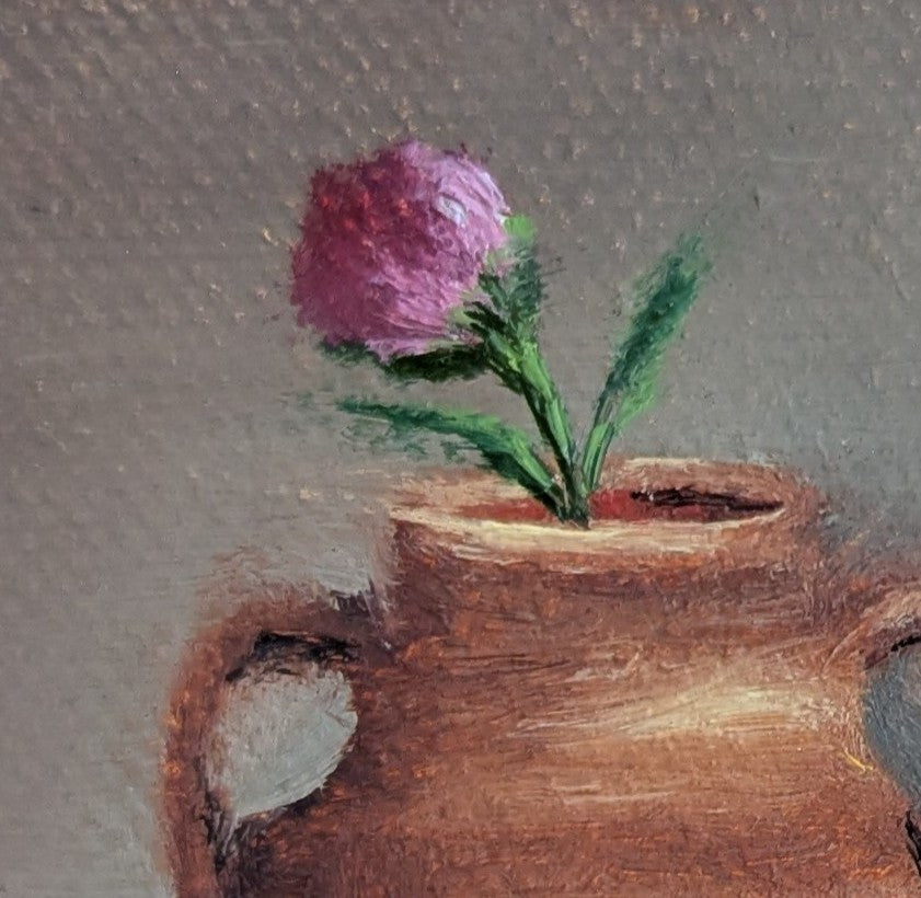 Original oil painting of large terracotta glow, warm terracotta vessel in Mediterranean golden light