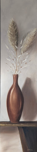 Like a Feather - original oil painting by Marta Stolarska, glazed brown vase on a bench with long wispy grasses, oil on deep edge canvas, 30x122cm, signed