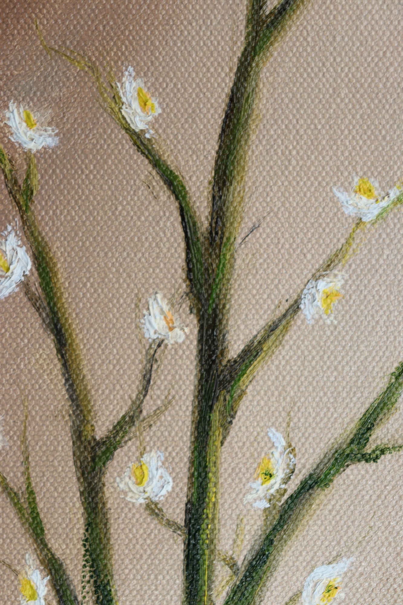 Detail of Little Sparkles oil painting - sparkly white vase with blue design catching directional light, original artwork by Marta Stolarska