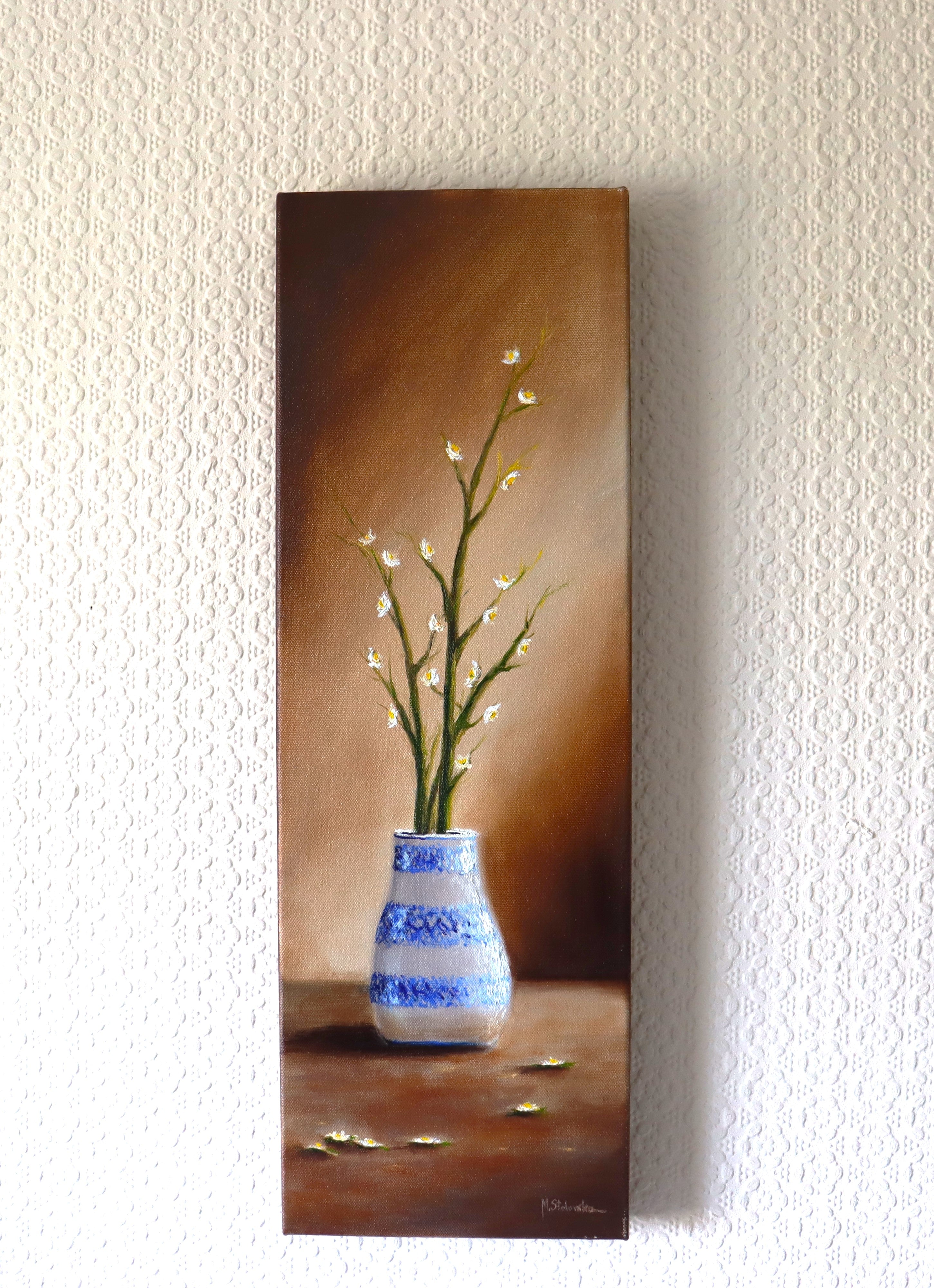 Little Sparkles original oil painting hung on a wall - elongated 20x60cm deep edge canvas, white vase and blossom still life by Marta Stolarska, exhibited at RBSA Birmingham