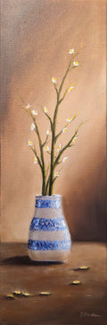 Little Sparkles - original oil painting by Marta Stolarska, sparkly white vase with blue design and delicate white blossom in directional light, 20x60cm deep edge canvas