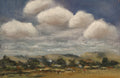 Painting of a landscape with fluffy clouds and rolling hills. Original oil painting of changing weather over open landscape, dramatic sky with clouds and shifting light