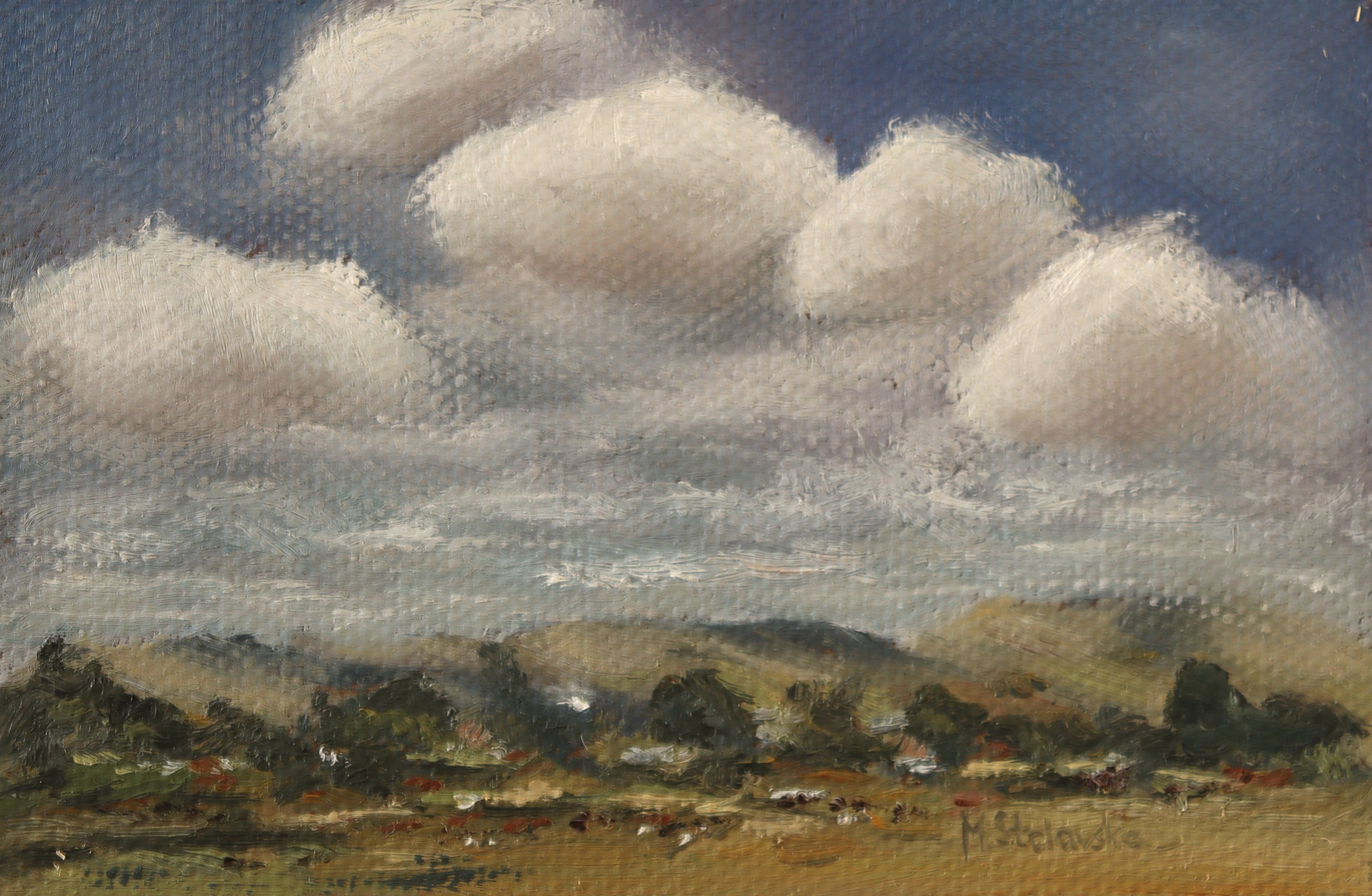 Painting of a landscape with fluffy clouds and rolling hills. Original oil painting of changing weather over open landscape, dramatic sky with clouds and shifting light