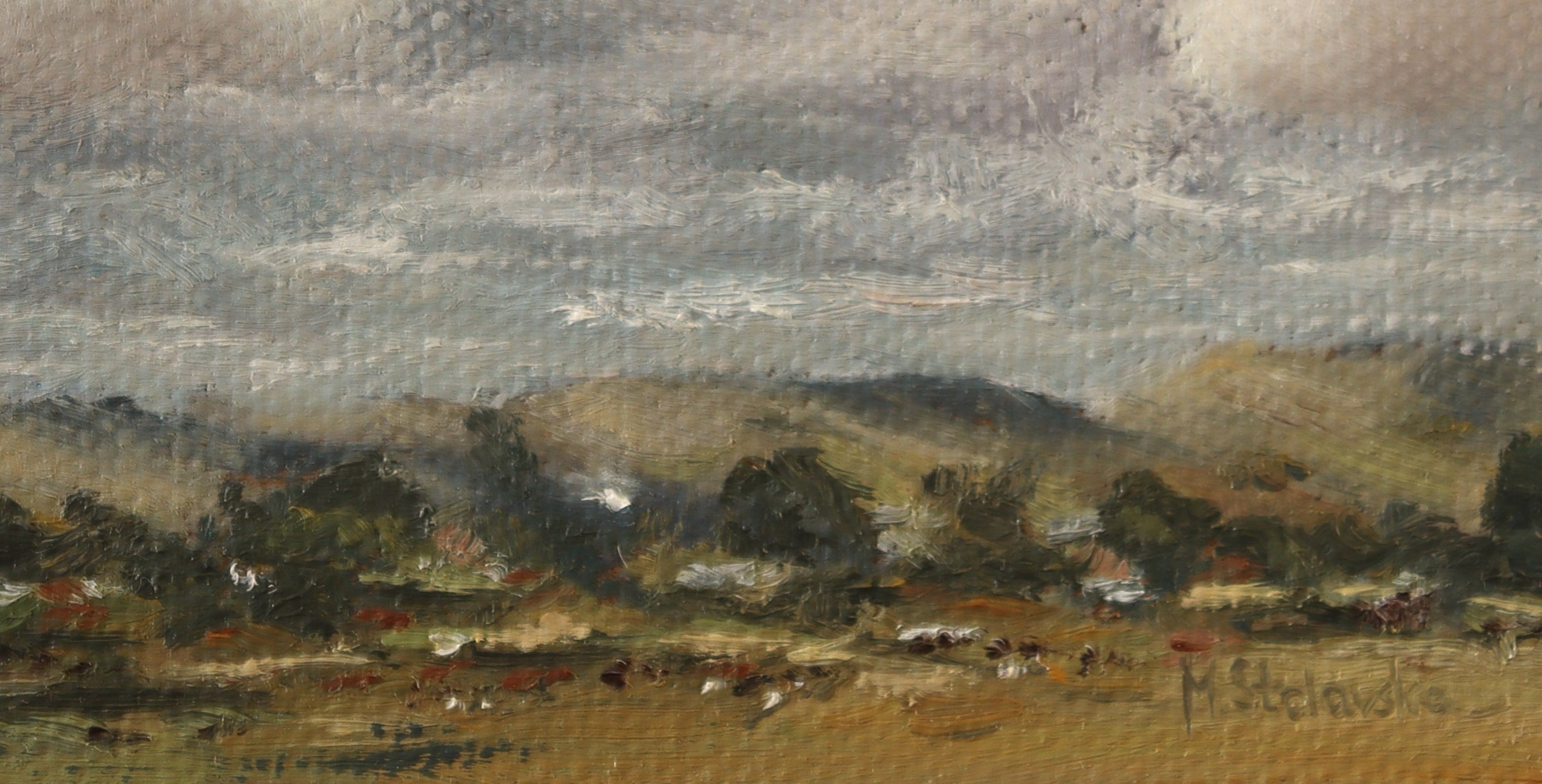 Original oil painting of changing weather over open landscape, dramatic sky with clouds and shifting light