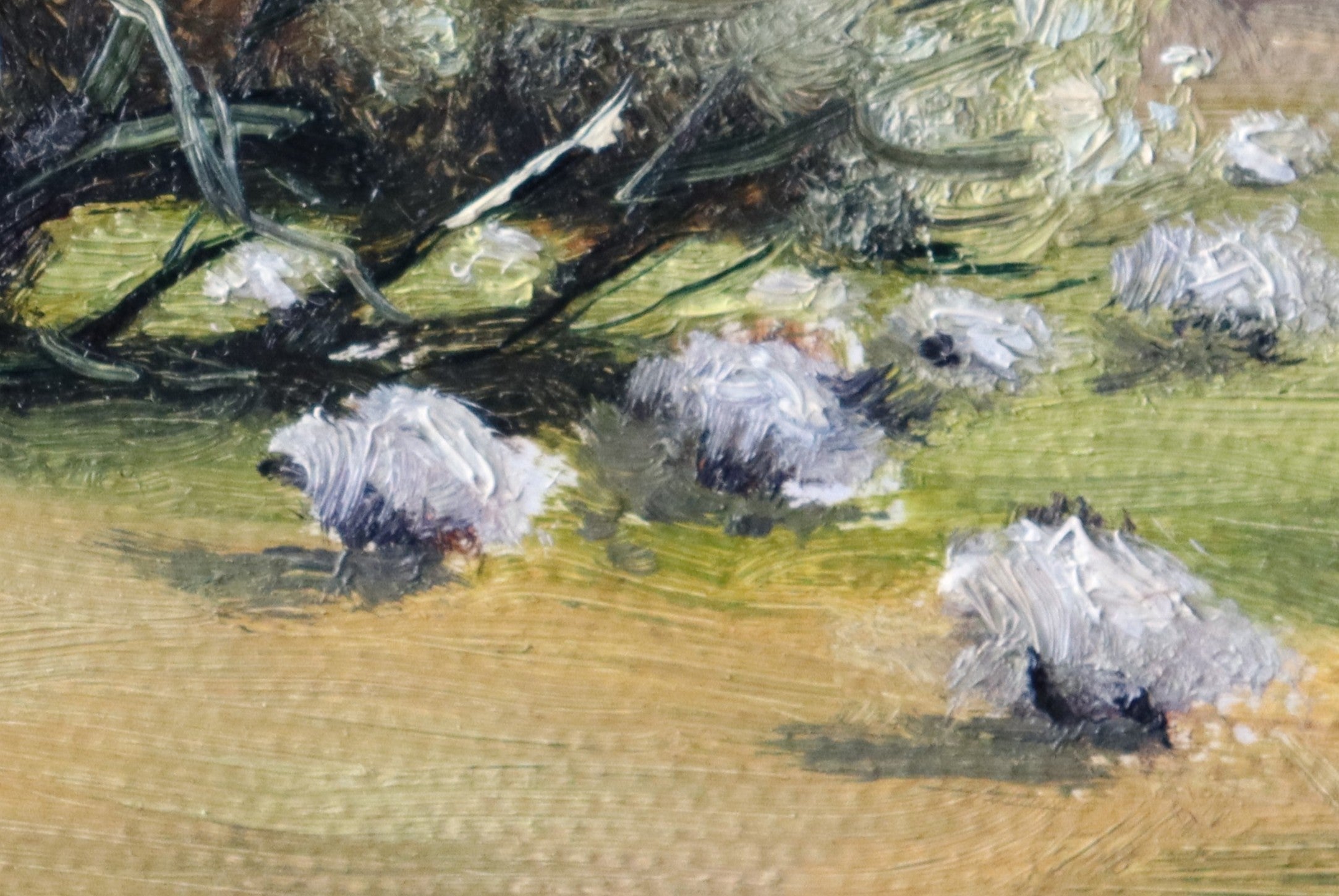 Close-up of a textured surface with white and gray patches. Original oil painting of sheep grazing with a view over open landscape, Suffolk countryside