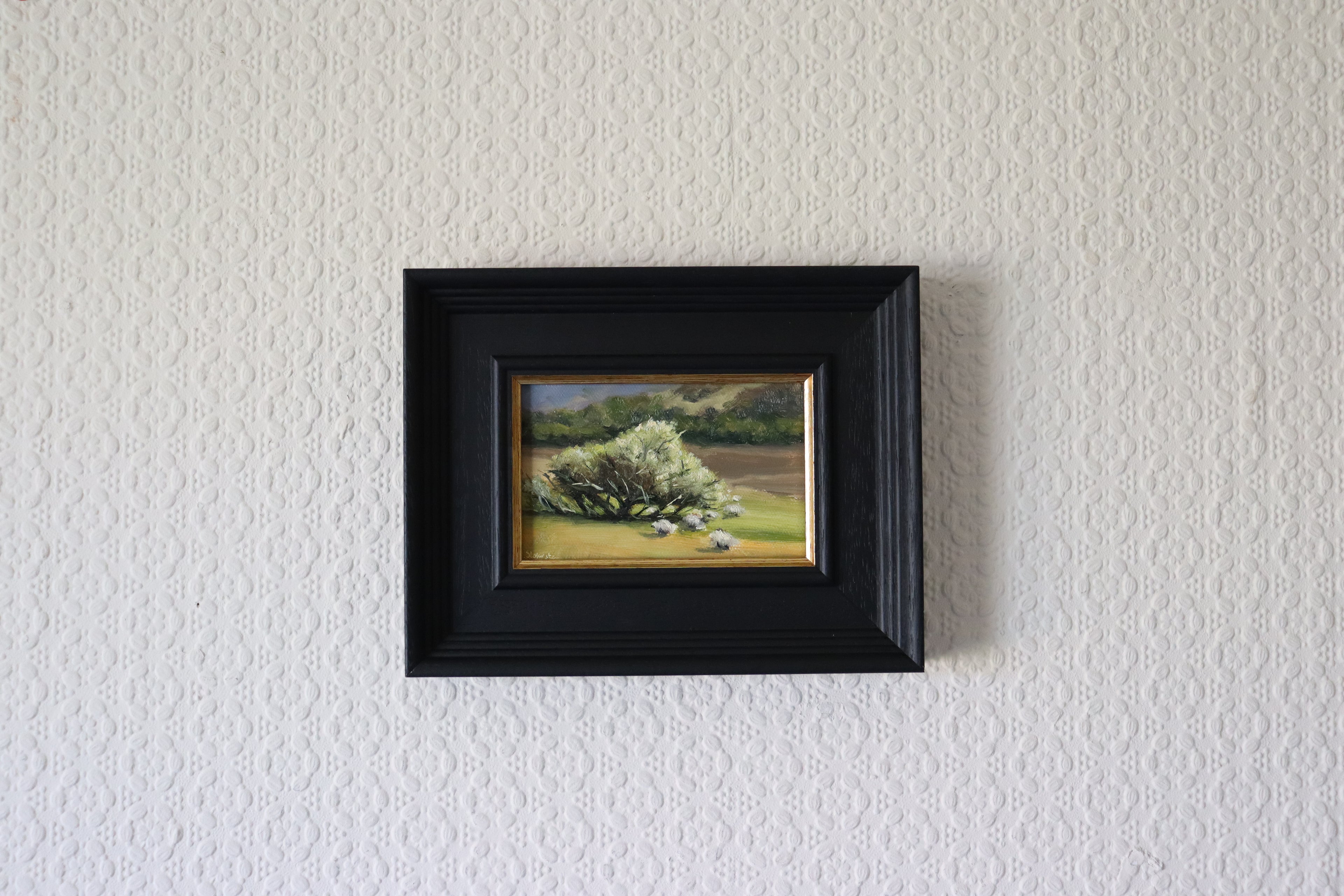 Framed Original oil painting of sheep grazing with a view over open landscape, Suffolk countryside
