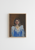 Lost in Her Thoughts - original oil figure painting by Marta Stolarska, dark-haired woman with blushed cheeks gazing away in a light blue frill blouse, oil on canvas board, Subtle Expressions collection
