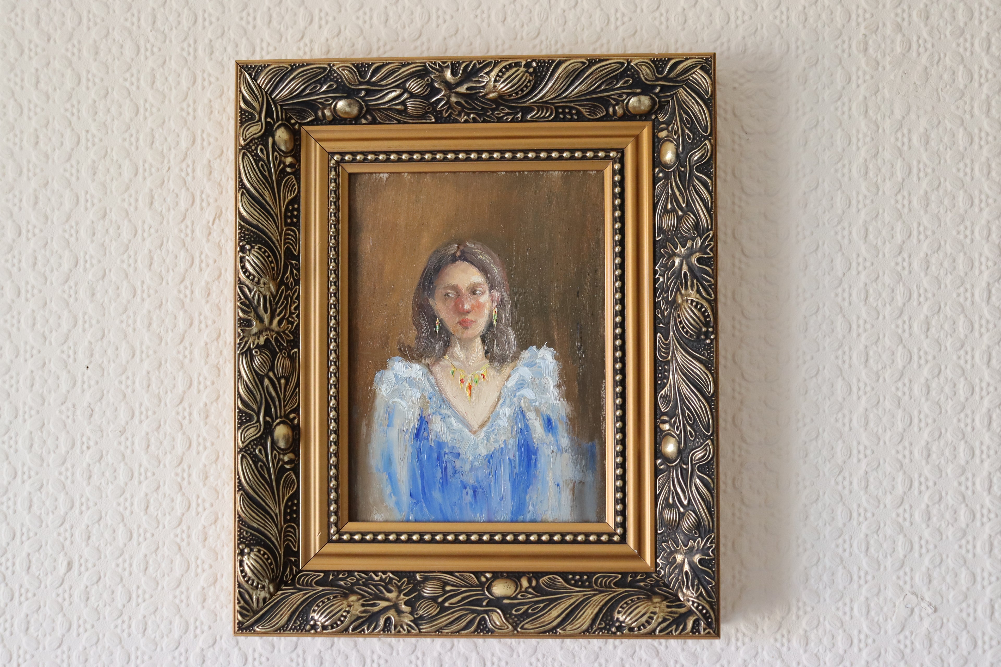 Lost in Her Thoughts original oil painting in gold frame - figure portrait of dark-haired woman lost in thought, 25.5x30.5cm framed, by Marta Stolarska Fine Art, ready to hang