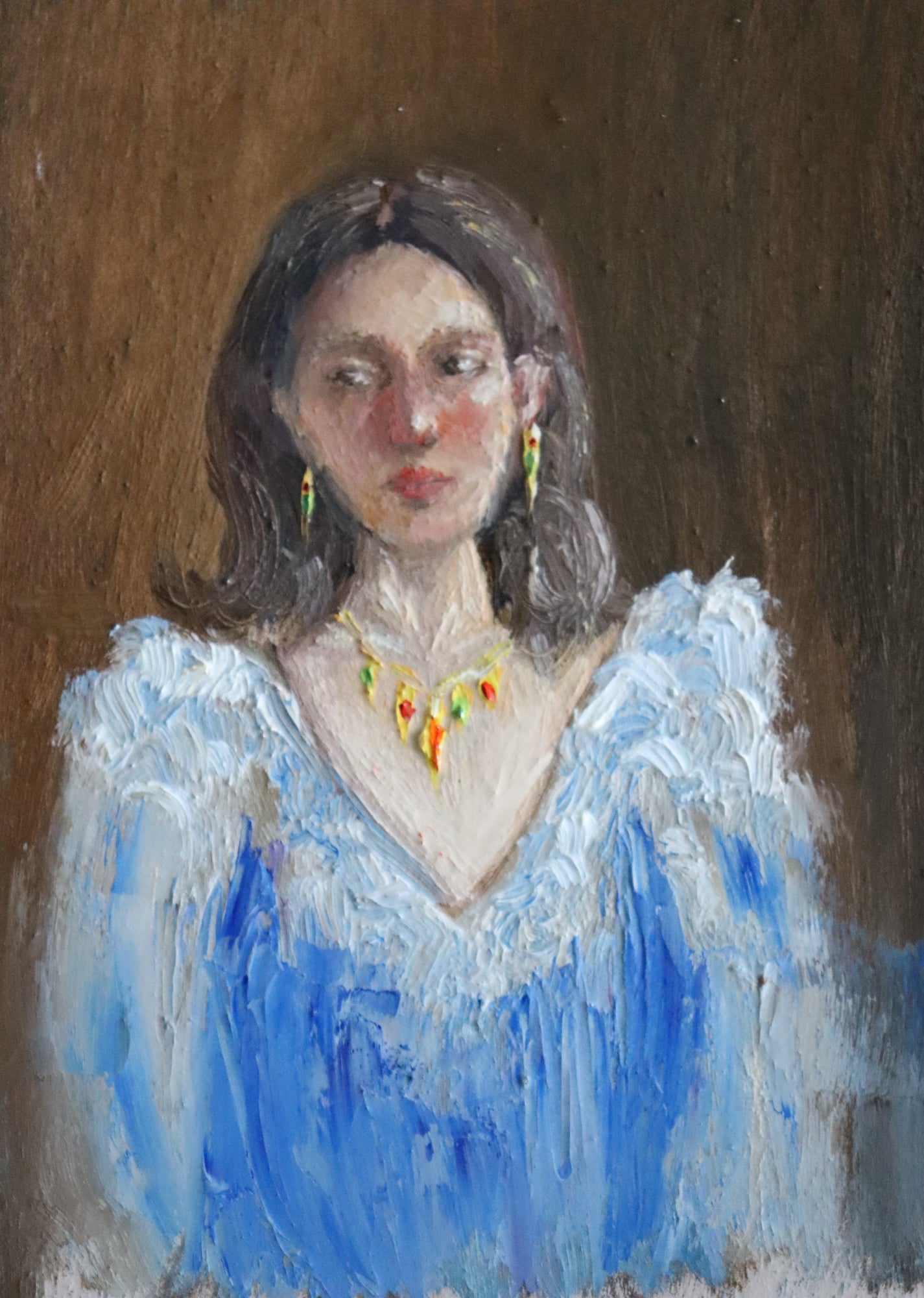 Lost in Her Thoughts - original oil figure painting by Marta Stolarska, dark-haired woman with blushed cheeks gazing away in a light blue frill blouse, oil on canvas board, Subtle Expressions collection