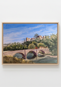 A framed landscape fine art print.  Ludlow Castle with Dinham Bridge from the hill opposite - limited edition A3 fine art print by Marta Stolarska, based on original watercolour, 312gsm archival matt cotton paper, edition of 50, hand signed and numbered