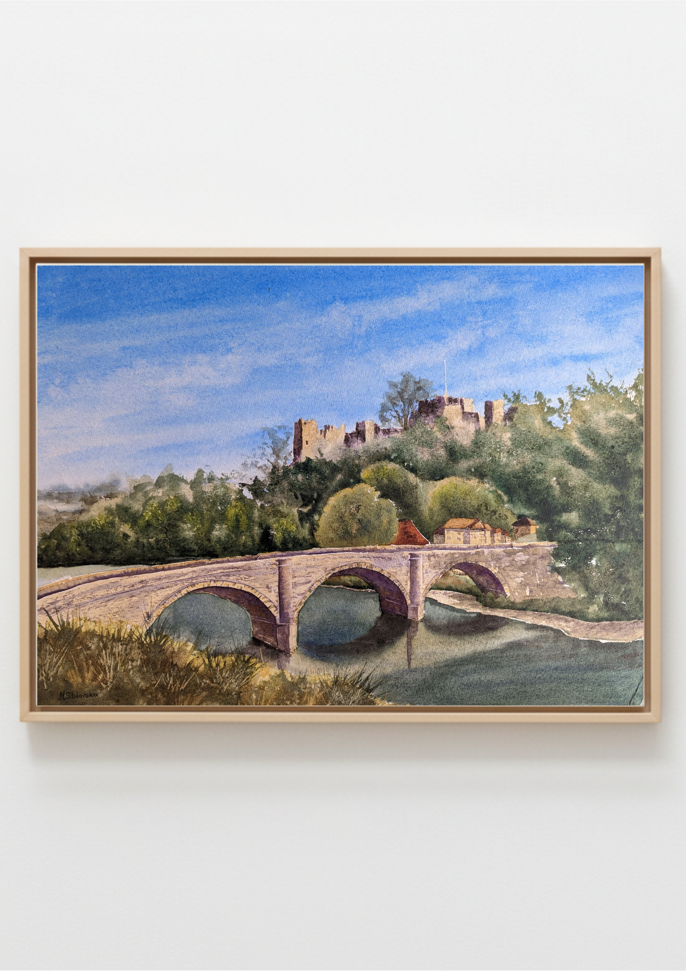 A framed landscape fine art print.  Ludlow Castle with Dinham Bridge from the hill opposite - limited edition A3 fine art print by Marta Stolarska, based on original watercolour, 312gsm archival matt cotton paper, edition of 50, hand signed and numbered