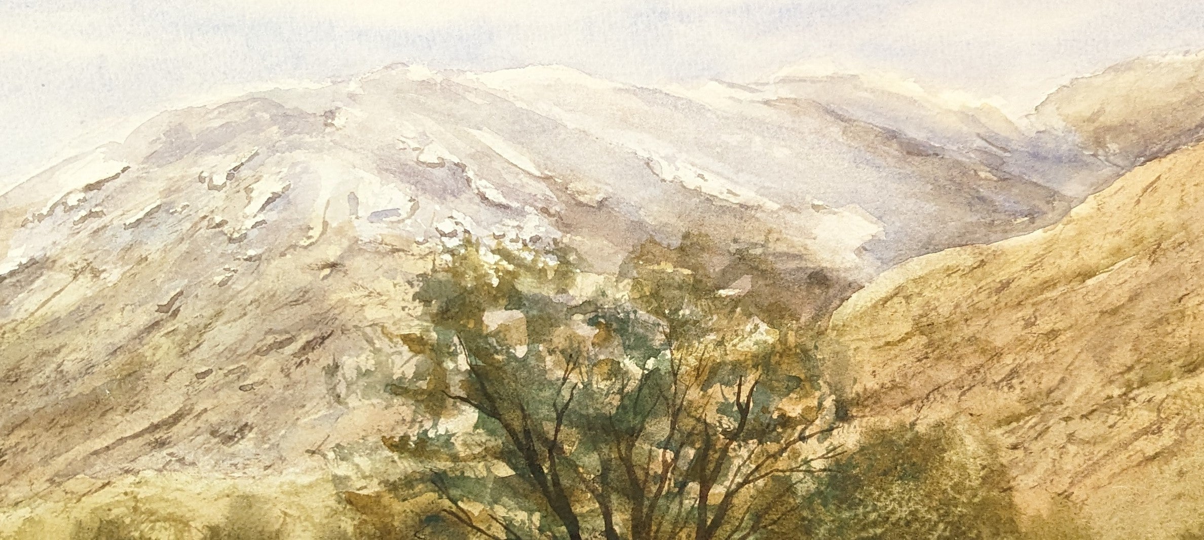 Scenic landscape with mountains and trees, Original watercolour painting of Ardlui Marina Loch Lomond Scottish Highlands, inspired by first trip to Scotland